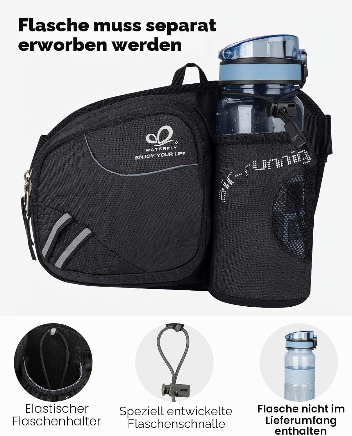 Detalle de Waterfly Gürteltasche Bauchtasche mit Flaschenhalter (atmungsaktiv, wasserdicht) für Damen und Herren