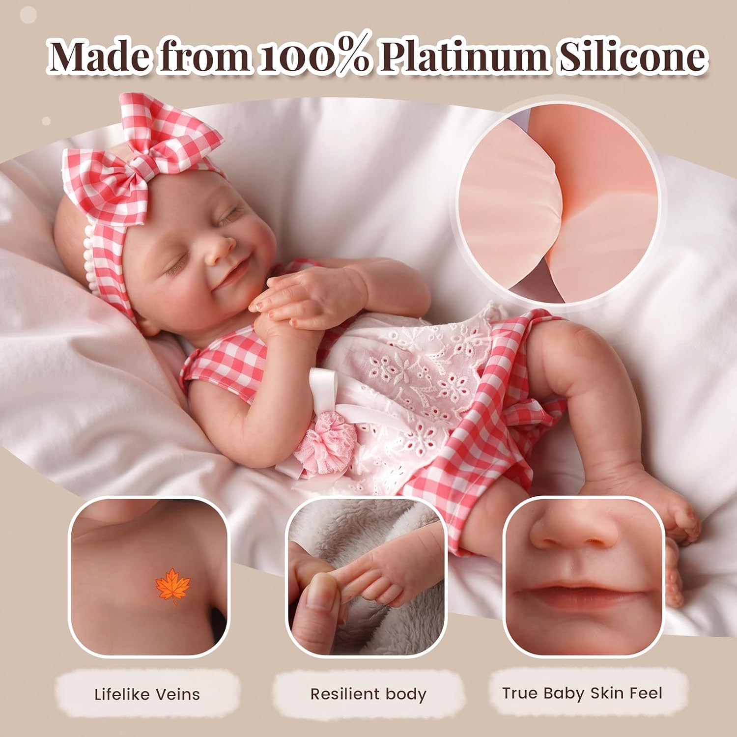 Detalle de BABESIDE 16" Sleeping Silicone Reborn Baby Doll with Feeding Kit (Full Platinum Silicone)