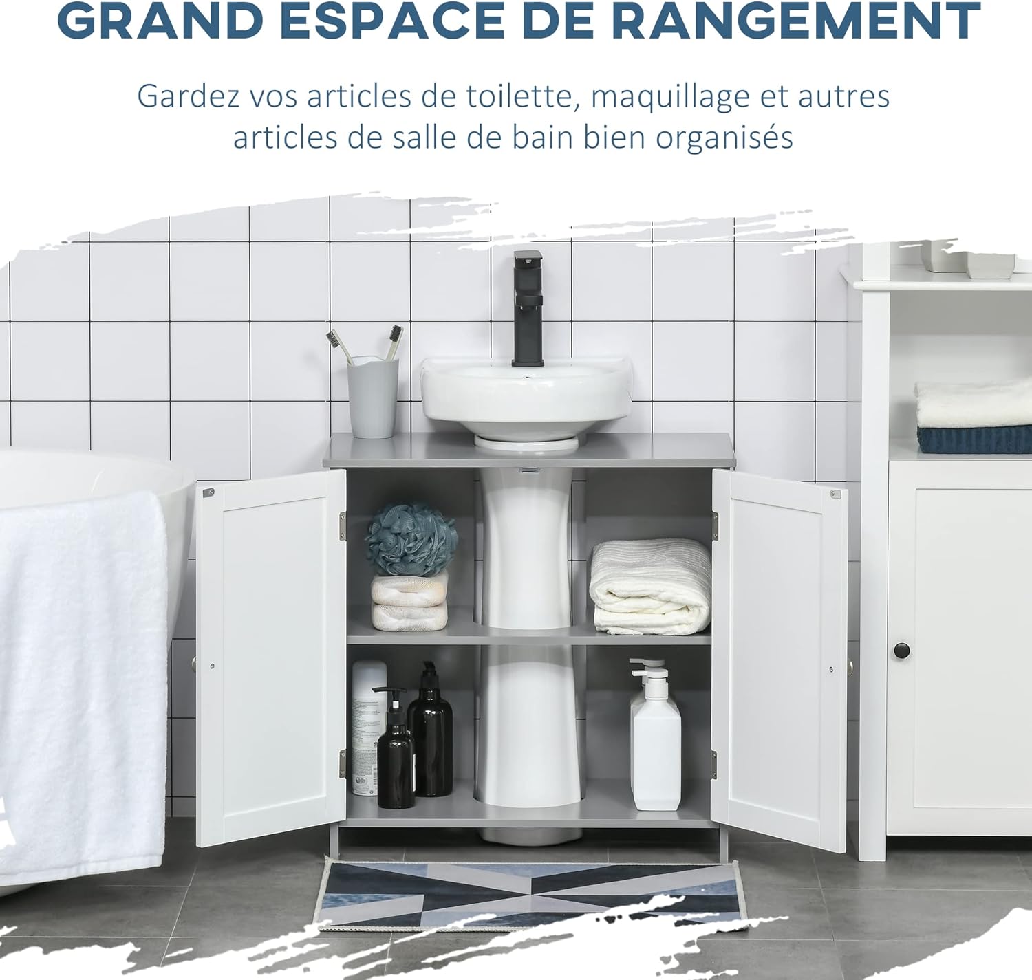 Thumbnail 4 de Kleankin Meuble sous lavabo - Évier | Placard 2 portes avec étagère, 60 x 30 x 60 cm, gris/blanc