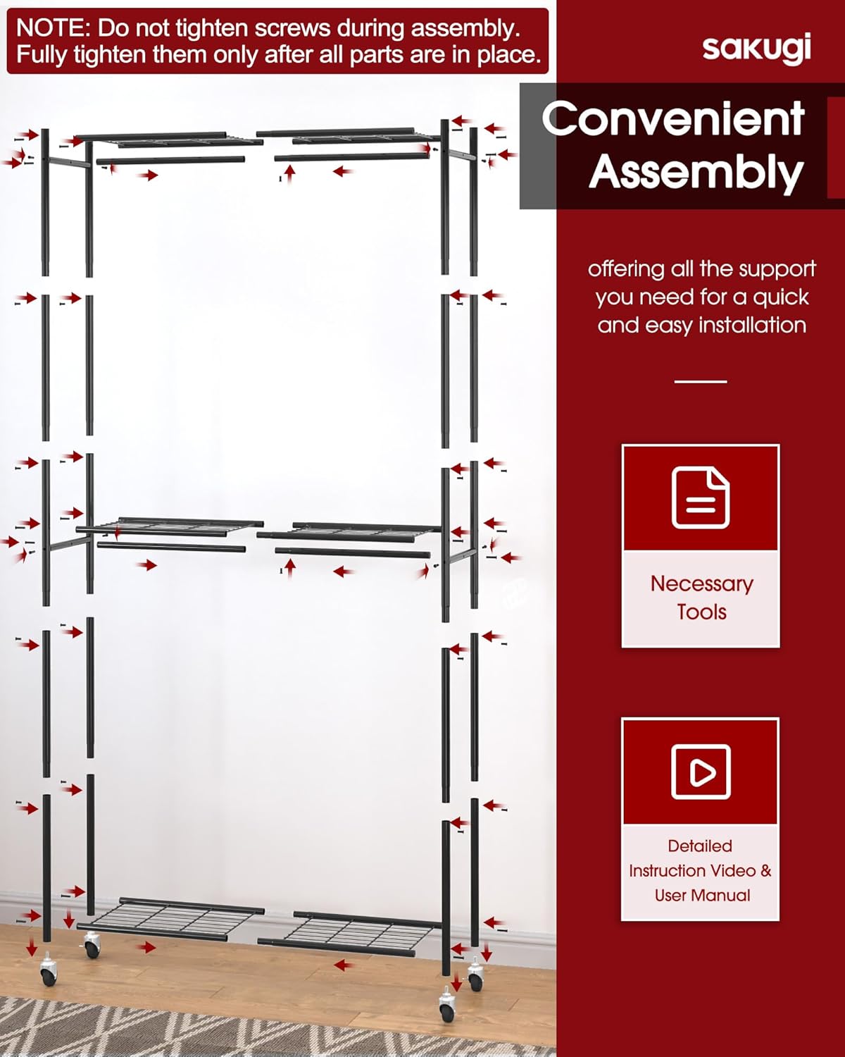 Thumbnail 6 de Sakugi Clothes Rack with Shelves & Wheels (Black) 33.0" x 12.2" x 79.5