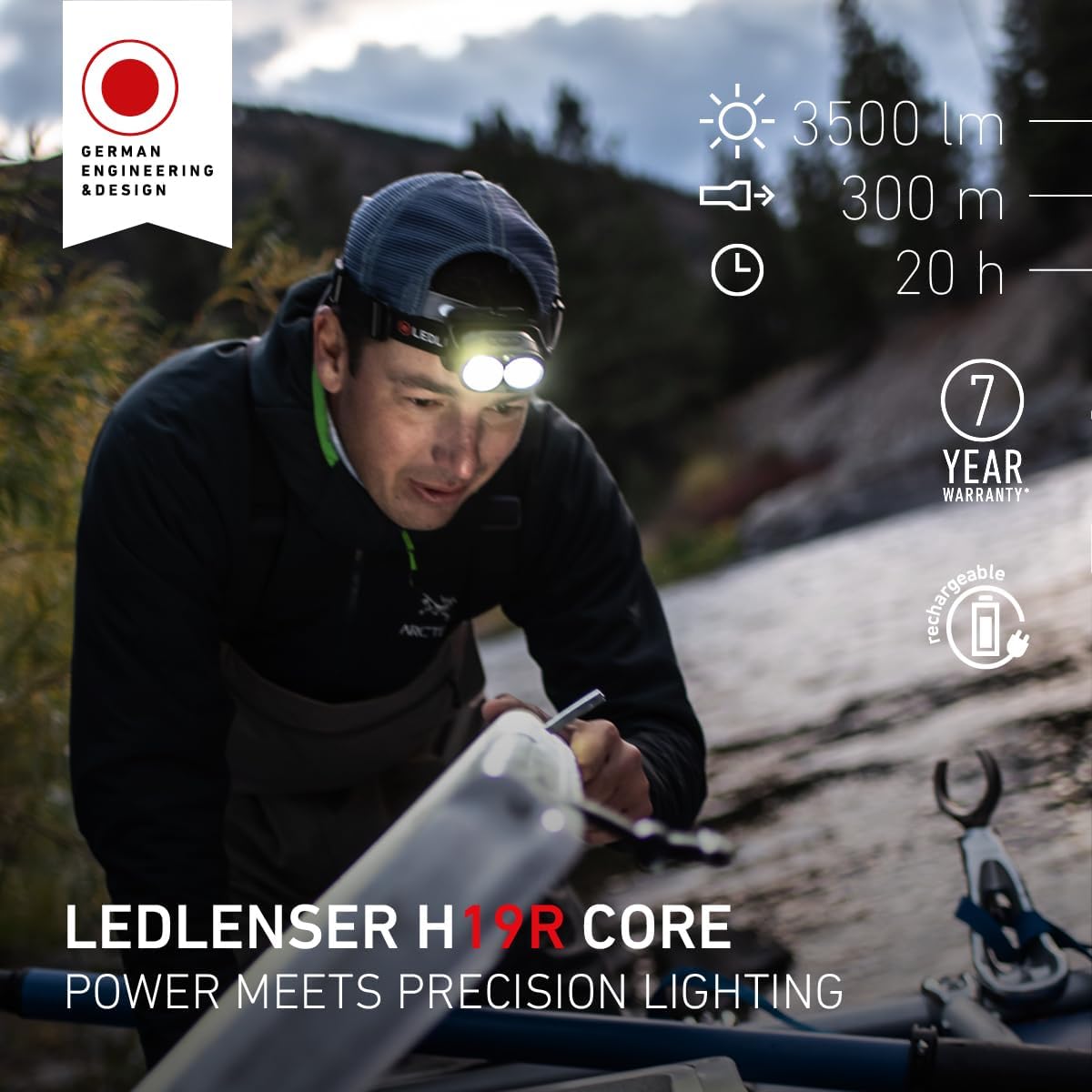 Detalle de Ledlenser H19R Core Headlamp: 3500 Lumens, Rechargeable, IP67, Long-Distance Beam