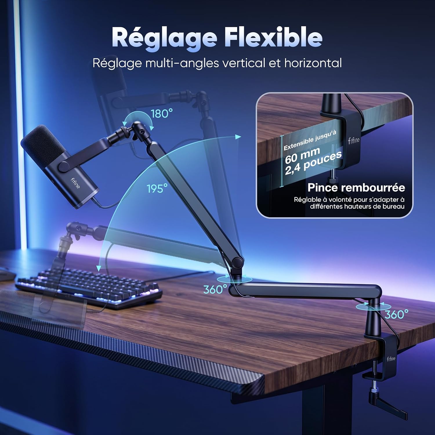 Detalle 2 de FIFINE Bras de Microphone Pivotant pour K658/K688/A8 – Suspension, Pince de Bureau et Gestion des Câbles