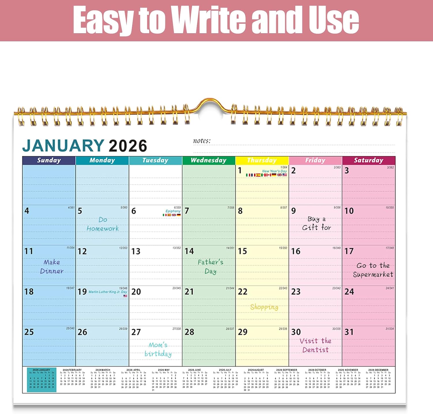 Thumbnail 6 de 2026 UK Family Wall Calendar (18 Month) — Jan 2026 to Jun 2027, large writing blocks