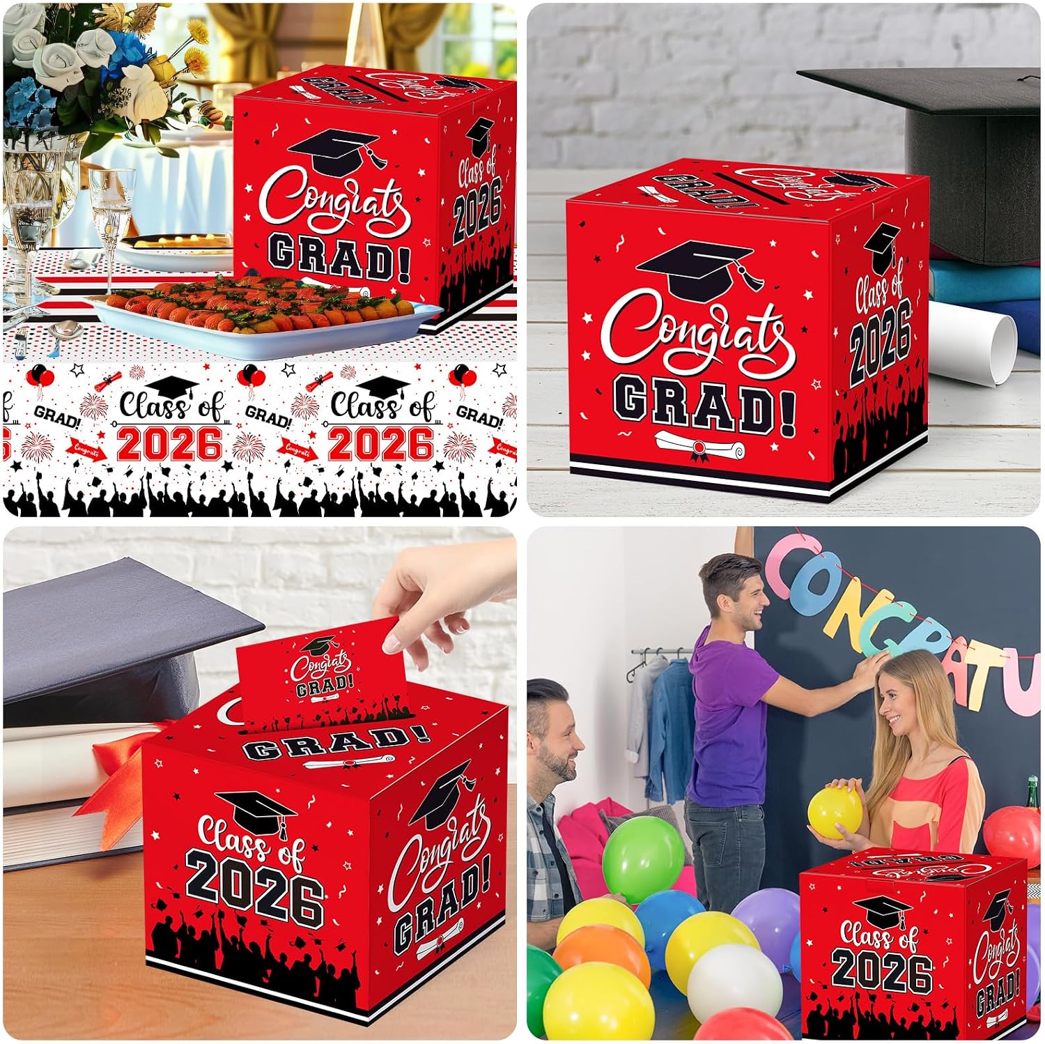 Thumbnail 6 de PERFQU Graduation Card Box 2026 – Class of 2026 Red & Black Card Holder for Graduation Party Decor