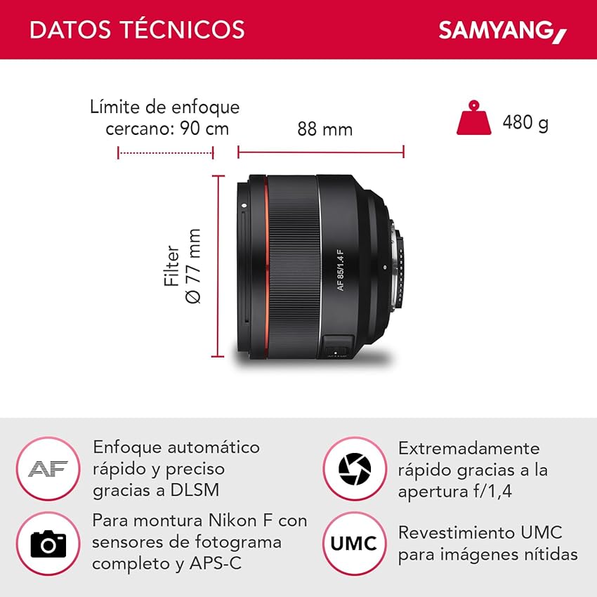 Thumbnail 1 de Samyang SA7073: objetivo AF 85 mm F1.4 para Nikon F