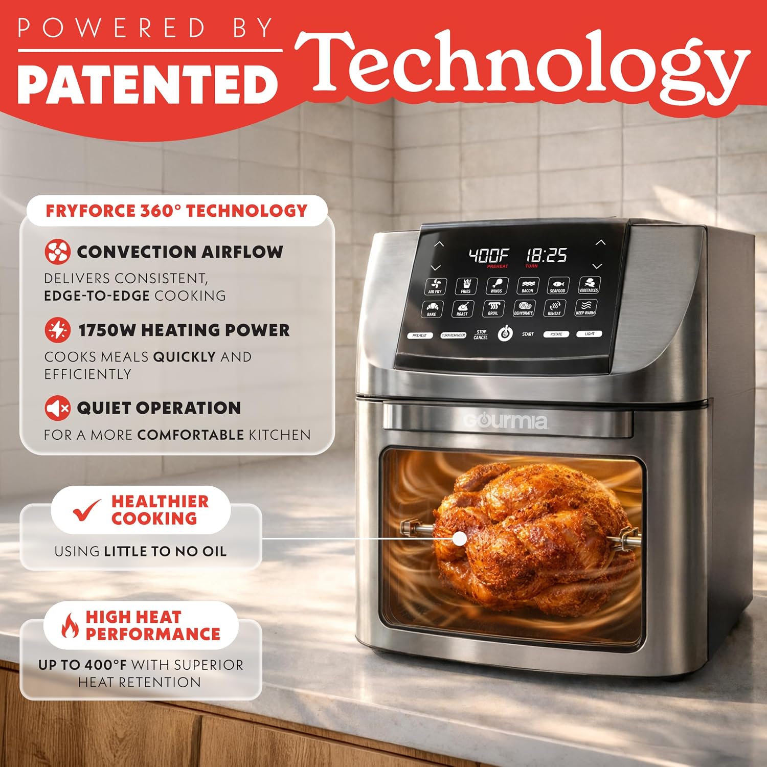 Detalle 2 de Gourmia 14 Qt Air Fryer All-in-One Rotisserie Oven with Digital Display, 12 Presets, 1750W