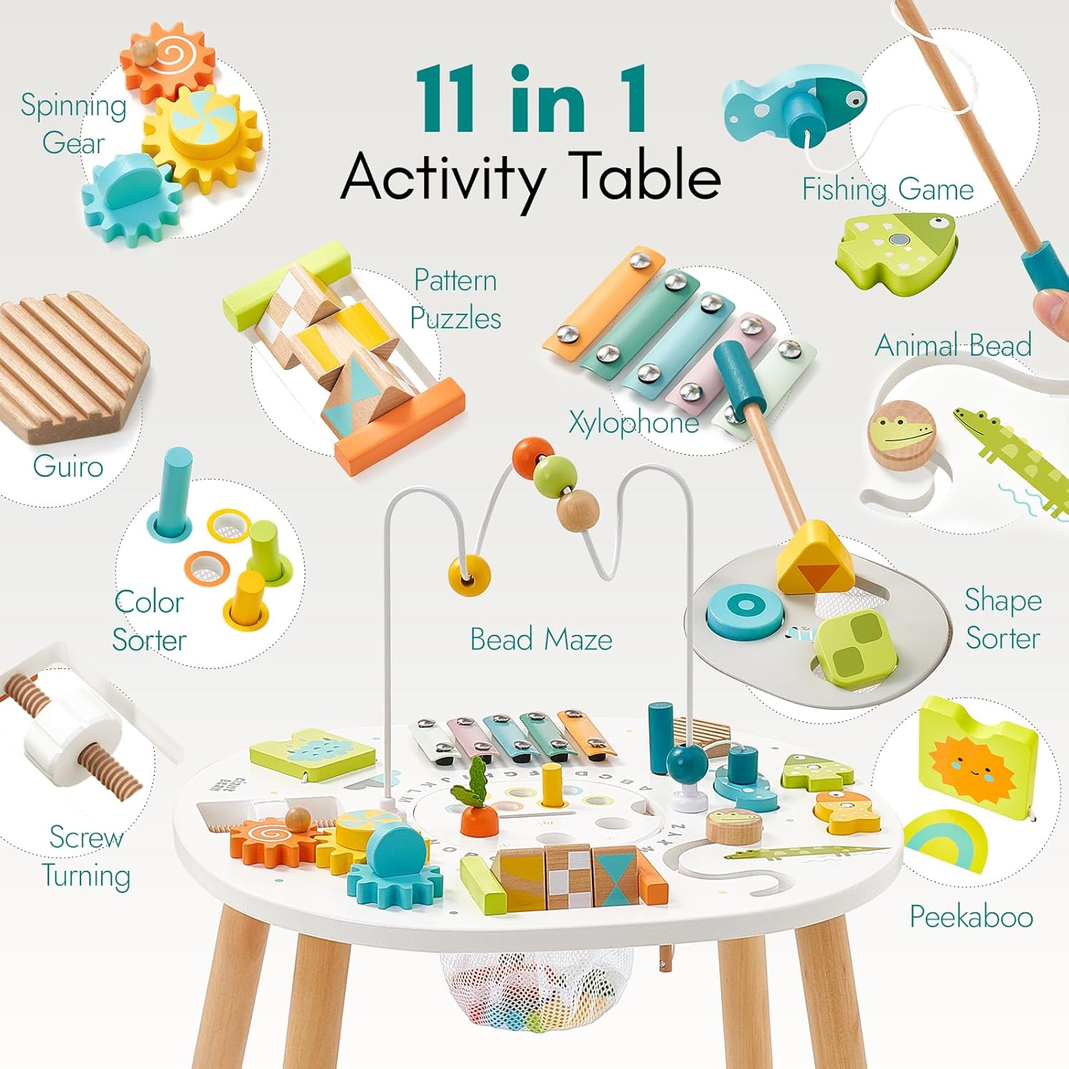 Thumbnail 1 de Giant bean Wooden Activity Table for Toddlers — 11-in-1 Montessori Learning Table (Bead Maze, Shape Sorter, Fishing Game & More)