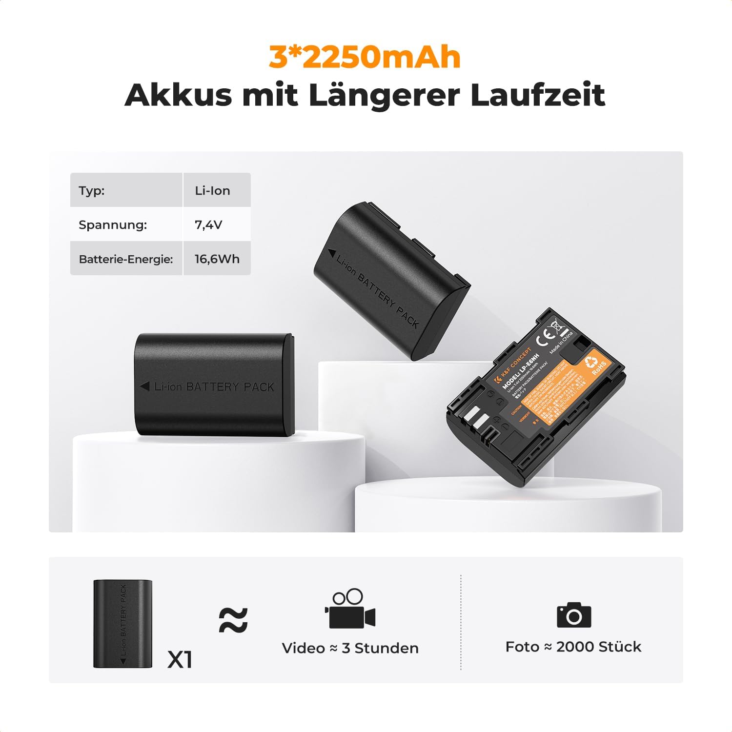 Thumbnail 1 de K&F CONCEPT LP-E6NH Akku 2250mAh 3er Pack