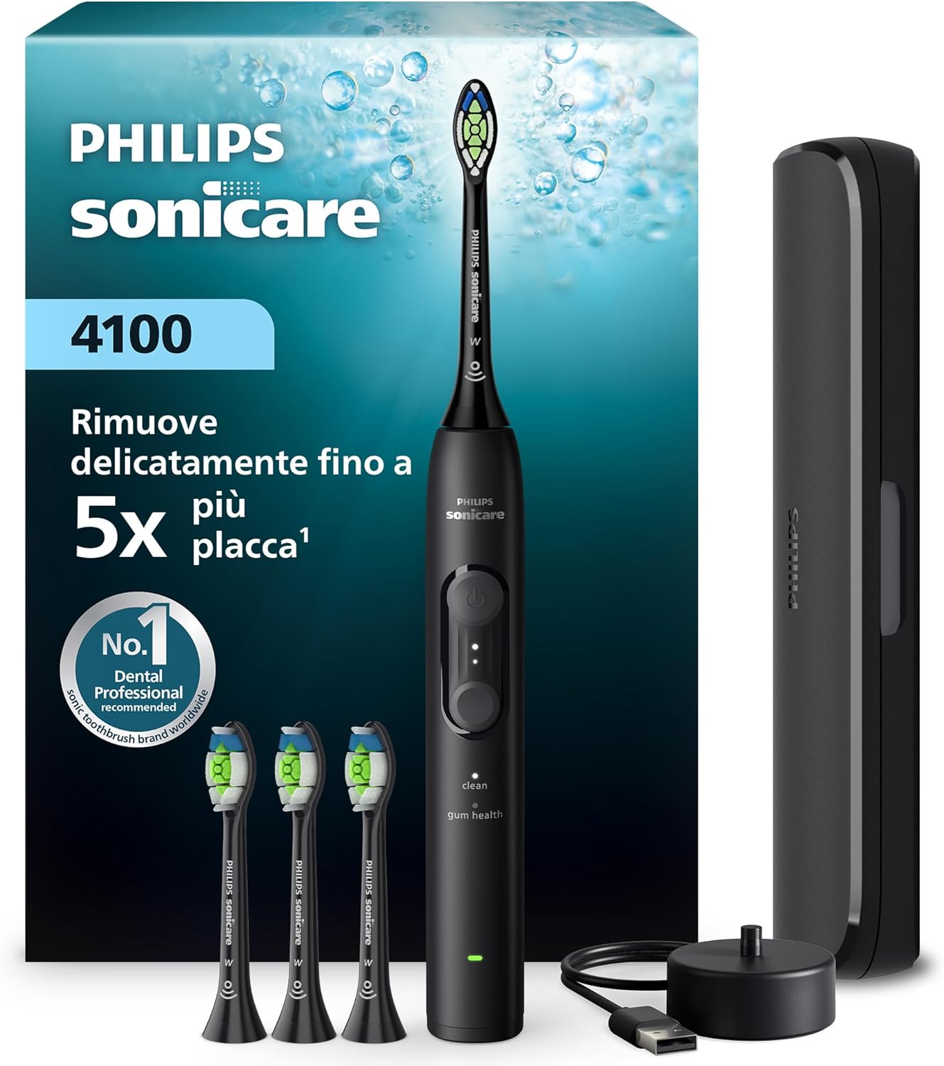 Detalle de Philips Sonicare Serie 4100 HX4046/52: spazzolino sonico con sensore di pressione, 4 testine e custodia