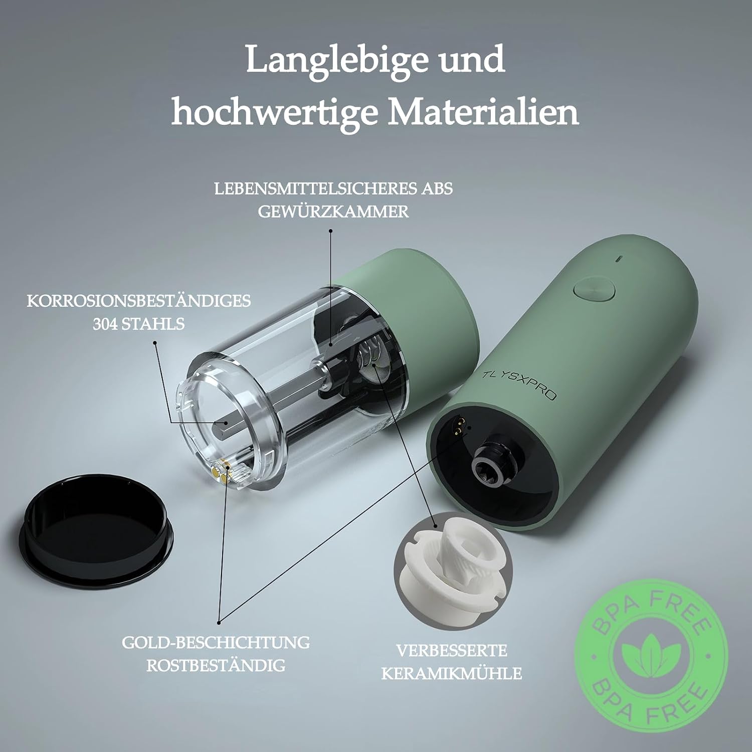 Detalle de TLYSXPRO Elektrische Salz- und Pfeffermühle 2er-Set (USB wiederaufladbar, LED, einstellbare Grobheit) in Salbeigrün
