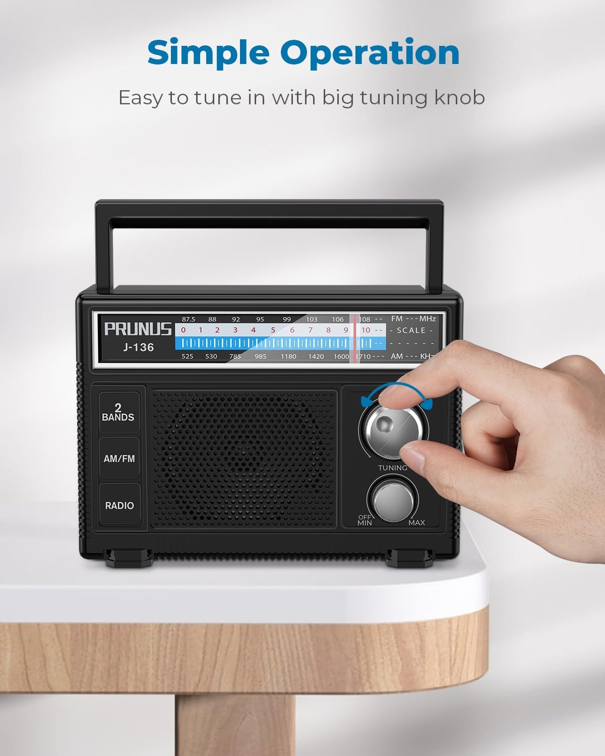 Detalle 1 de PRUNUS J-136 Portable AM/FM Radio with AC or Battery Power, AUX and Mic Input
