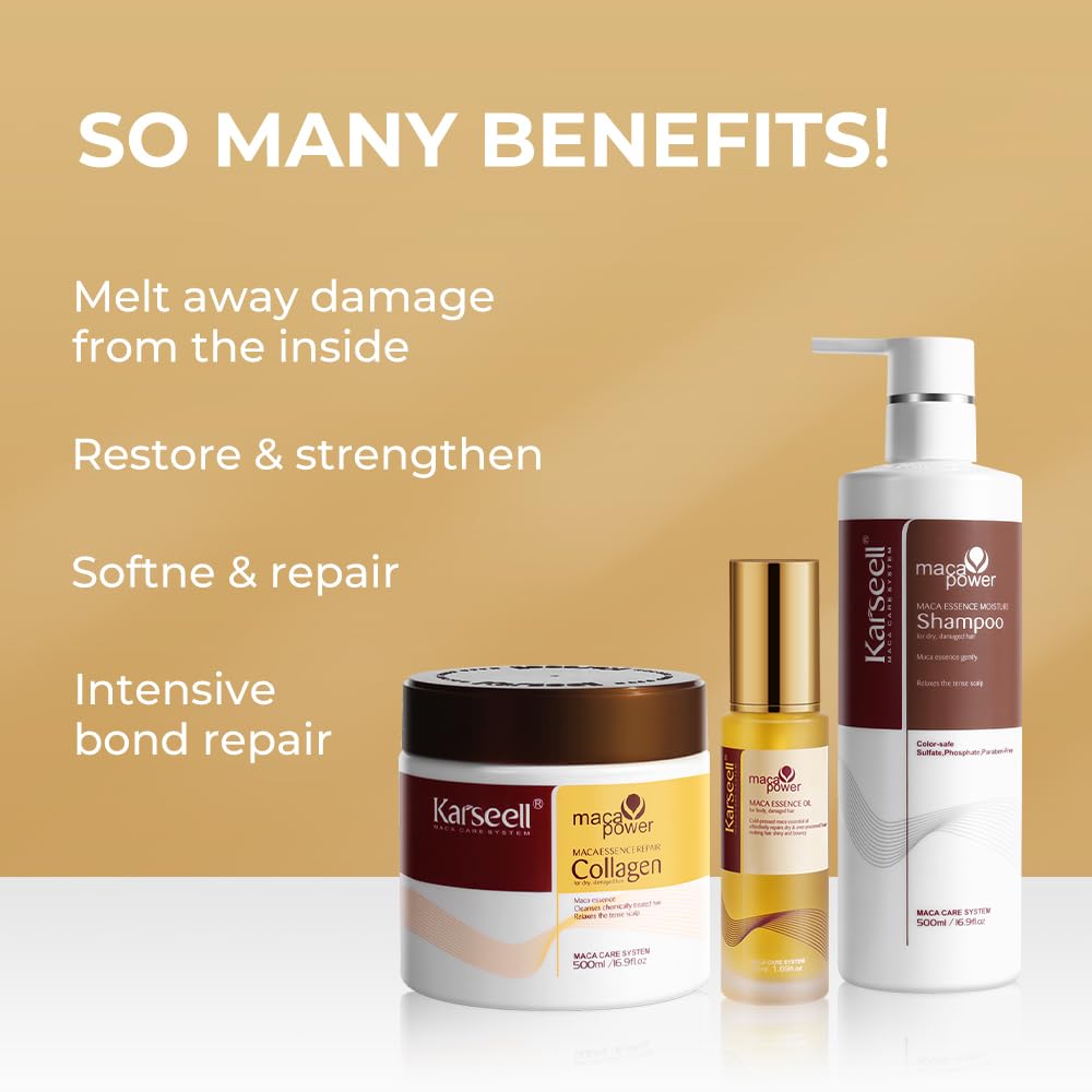 Detalle de Karseell Kollagen Haarpflege-Set: Haarmaske, Shampoo & Haaröl für trockenes, geschädigtes Haar (2 x 500 ml + 50 ml)