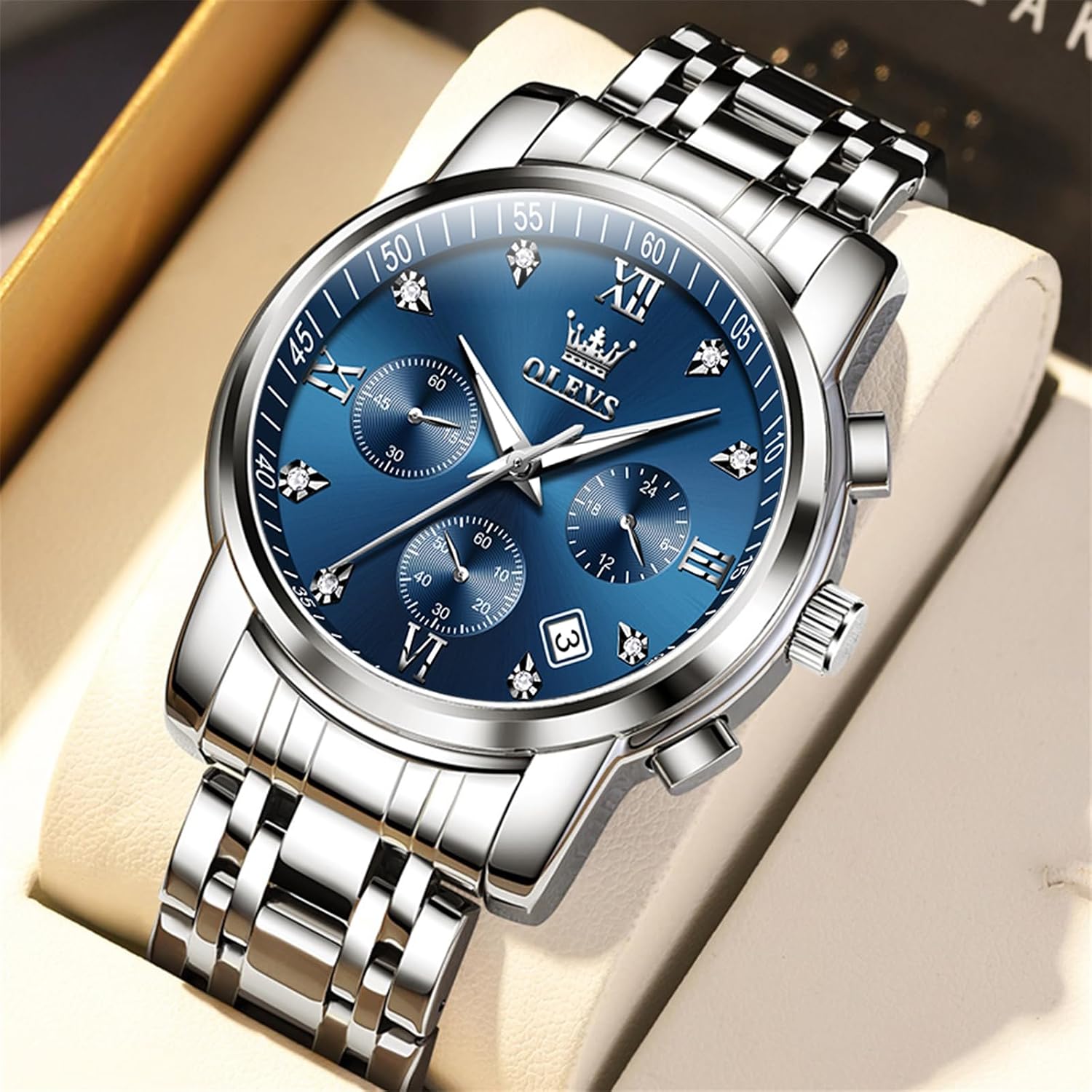 Thumbnail 6 de OLEVS Men's Chronograph Watch: Gold & Silver Stainless Steel with Diamond Accents