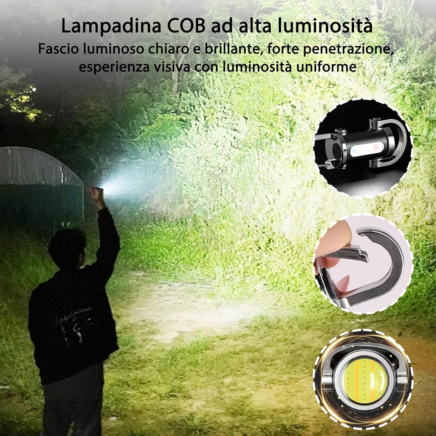 Detalle de Torcia LED Ultra Potente Professionale Ricaricabile USB-C, Impermeabile, 5 Modalità – Compatta e Versatile per Campeggio e Pesca