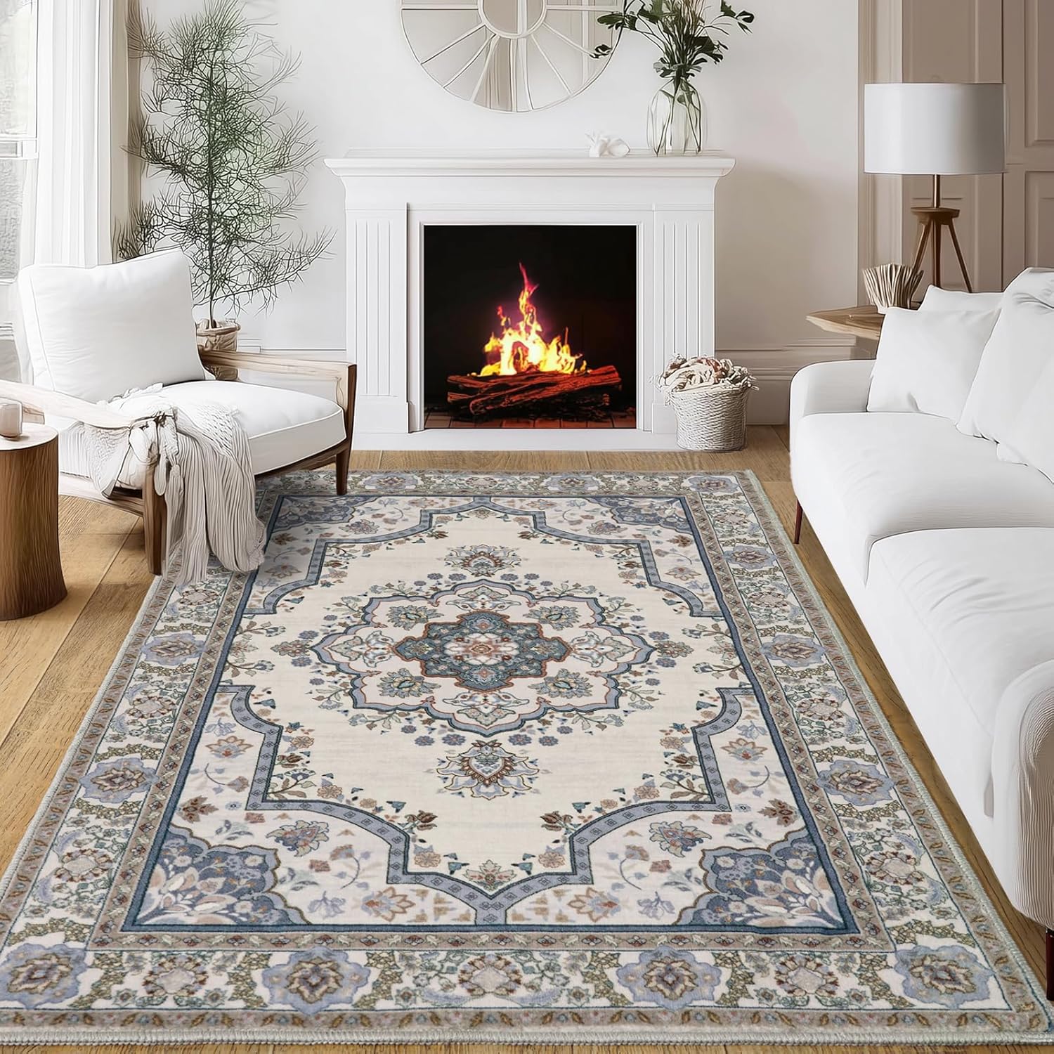 Thumbnail 1 de MAST DOO Teppich Wohnzimmer 140x200 cm – Boho Blumen Kurzflor, Waschbar, Blau-Weiß, rutschfest