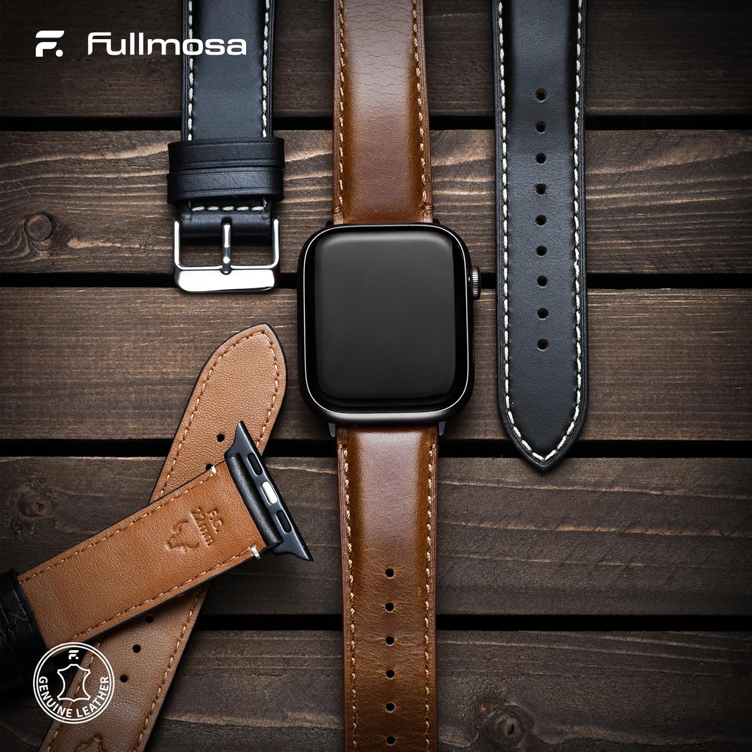 Thumbnail 1 de Fullmosa genuine leather Apple Watch strap (Brown + Black buckle) for 38mm–42mm models
