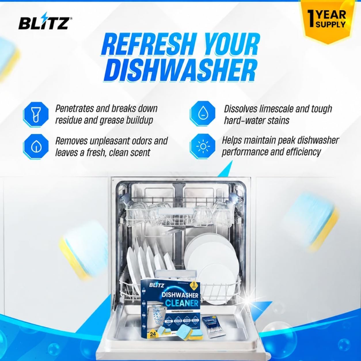 Detalle de BLITZ Dishwasher Cleaners Lemon Scent Tablets, 24 Count for Descaling