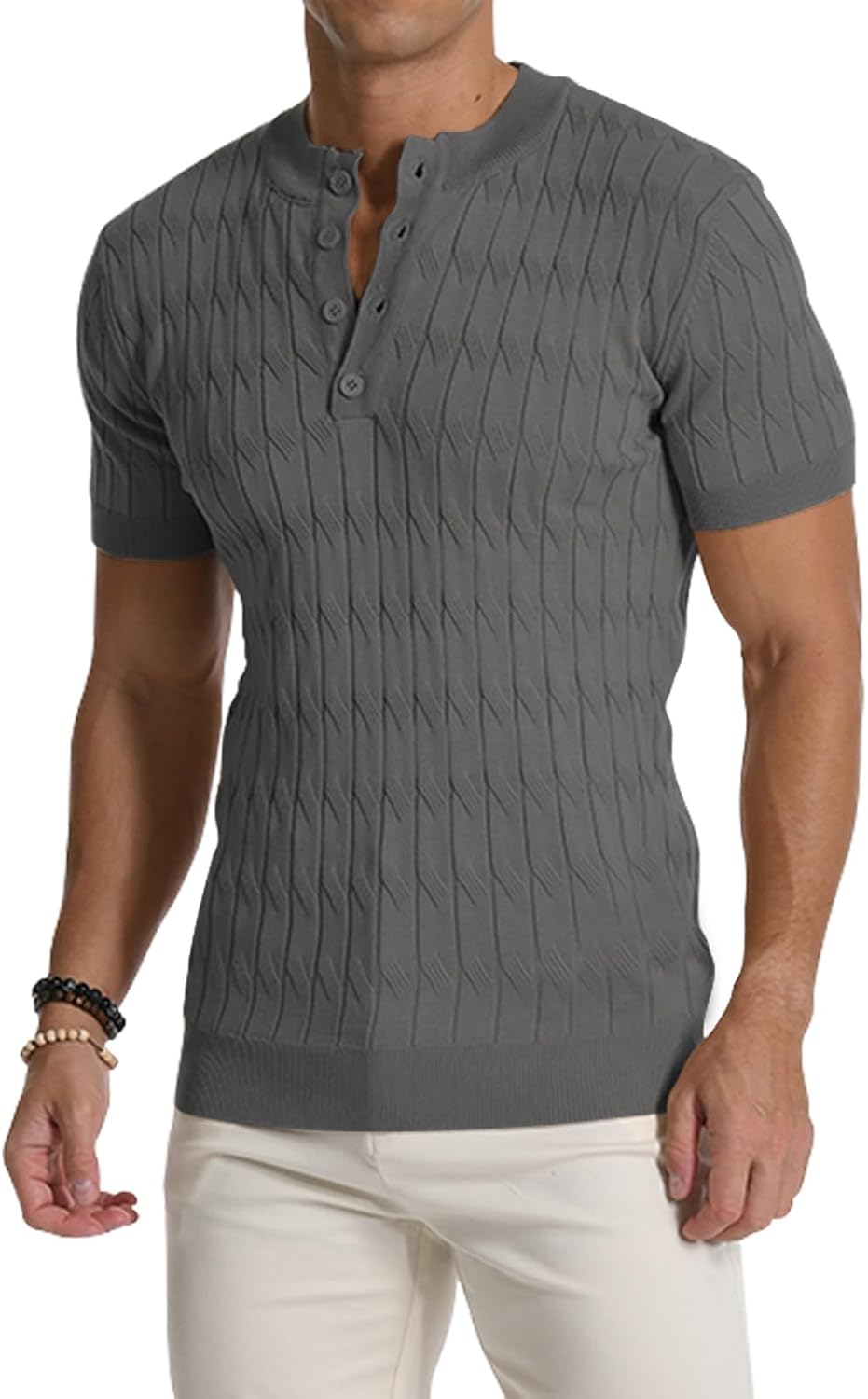 Thumbnail 1 de MLANM Men's Knitted Henley T-Shirt Polo - Short Sleeve, Slim Fit, Summer Knit