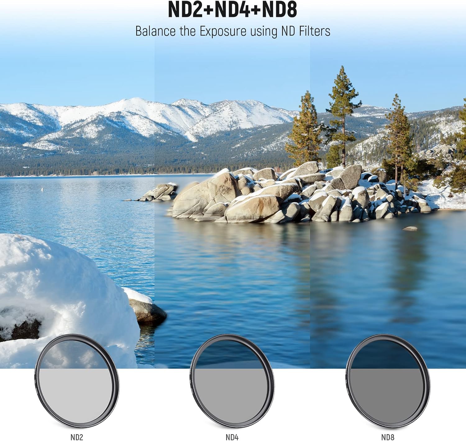 Detalle 2 de NEEWER Kit de filtres 58 mm (UV, CPL, FLD, ND2/ND4/ND8) avec pare-soleil et capuchon d’objectif