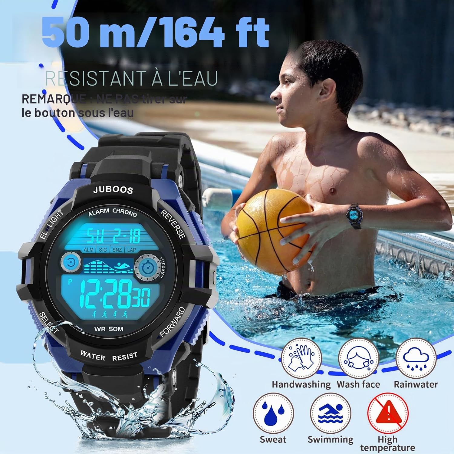 Detalle de Juboos Montre Enfant avec Bracelet Imprimé et 7 Lumières Colorées – Étanche, Oreilles de Chat, 5 à 15 Ans