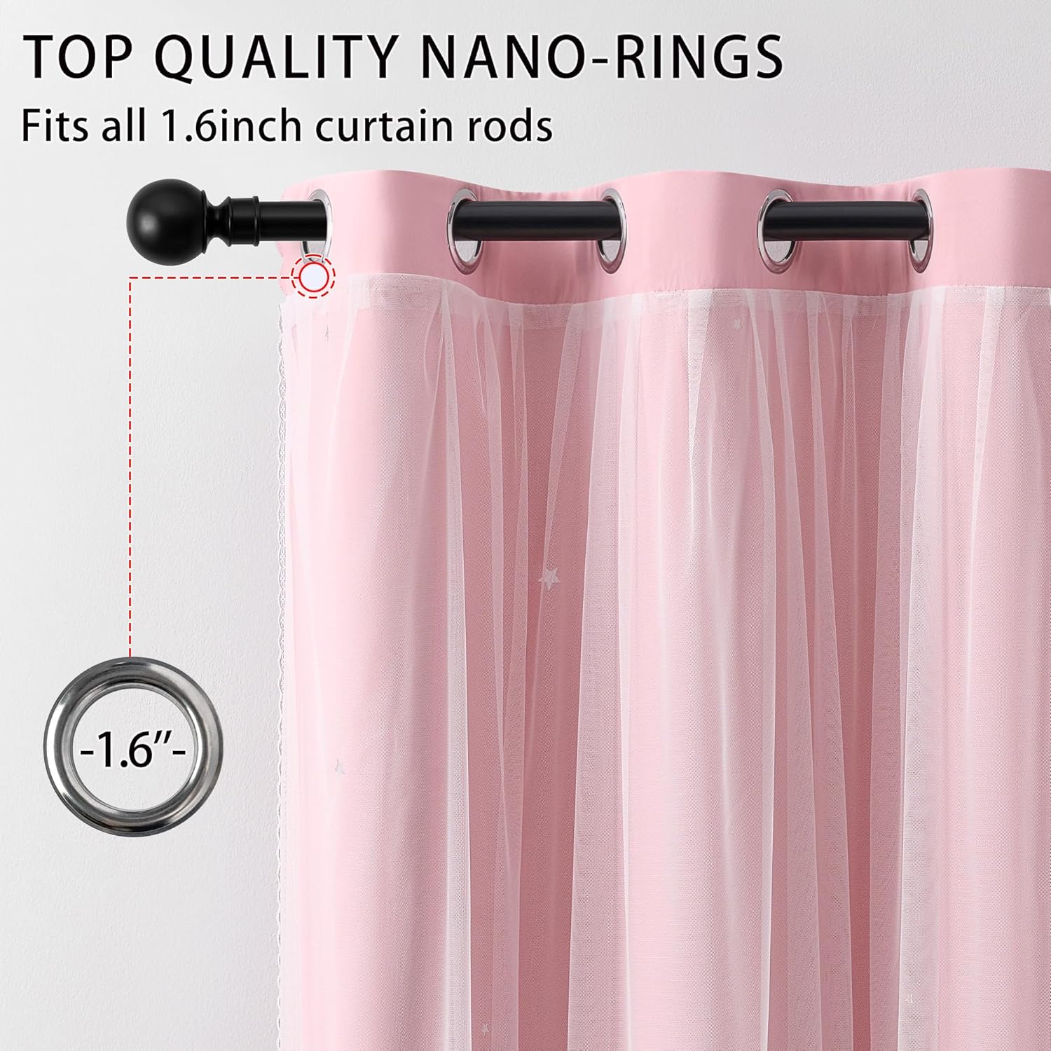 Thumbnail 1 de XiDi Light Pink Two-Layer Kids Curtains (34x63 in) with Star Print – Blackout Panel for Girls' Bedroom