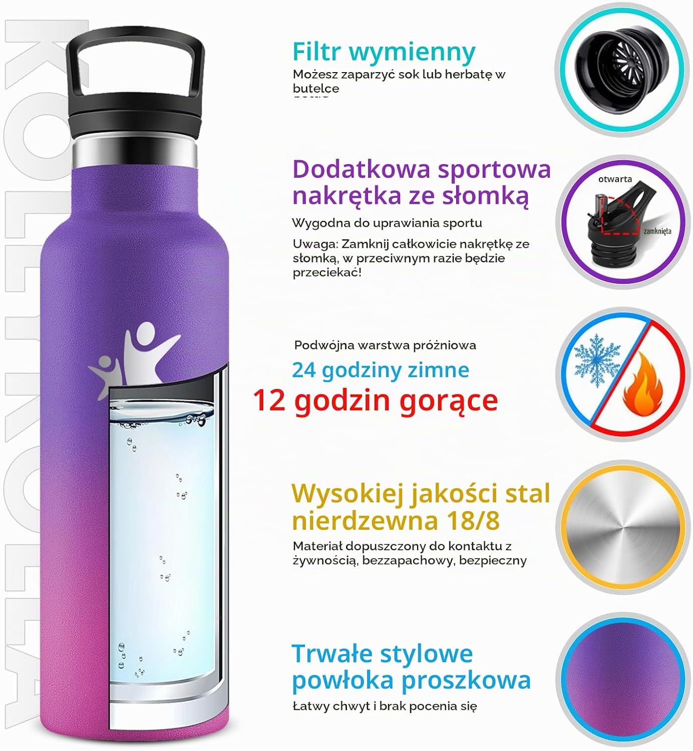 Thumbnail 1 de KollyKolla KK-TYZKP – dziecięca butelka termiczna 500 ml ze stali nierdzewnej