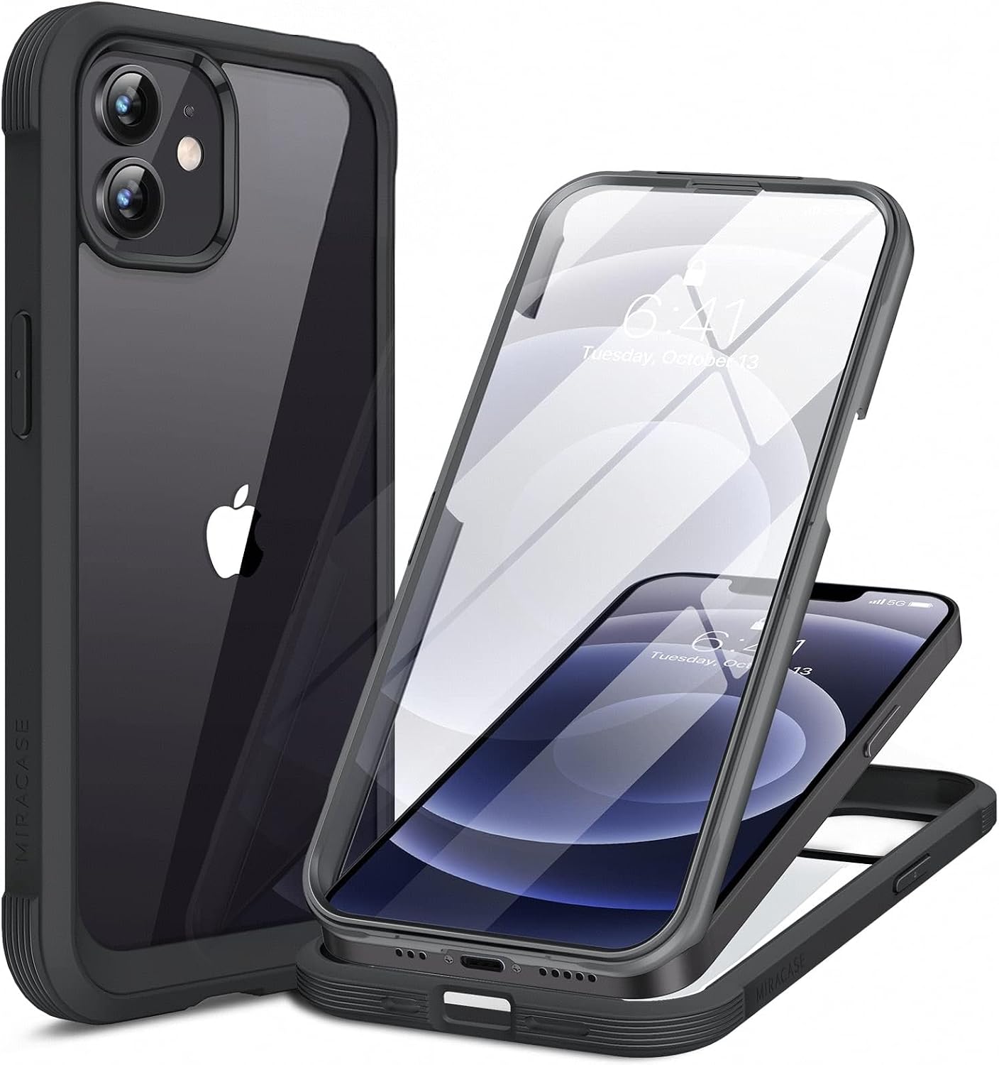Detalle de Miracase iPhone 12 / 12 Pro 6.1-inch Case with Built-in Tempered Glass Screen Protector (Full Body, Black)