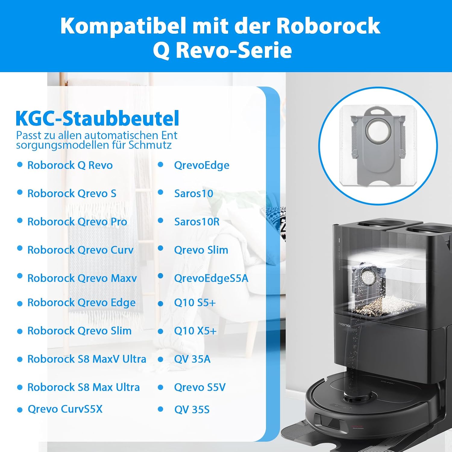 Thumbnail 1 de KGC 12er Staubbeutel kompatibel mit Roborock QV 35A & Q Revo Serien – Große Kapazität, Vierfach-Filtration