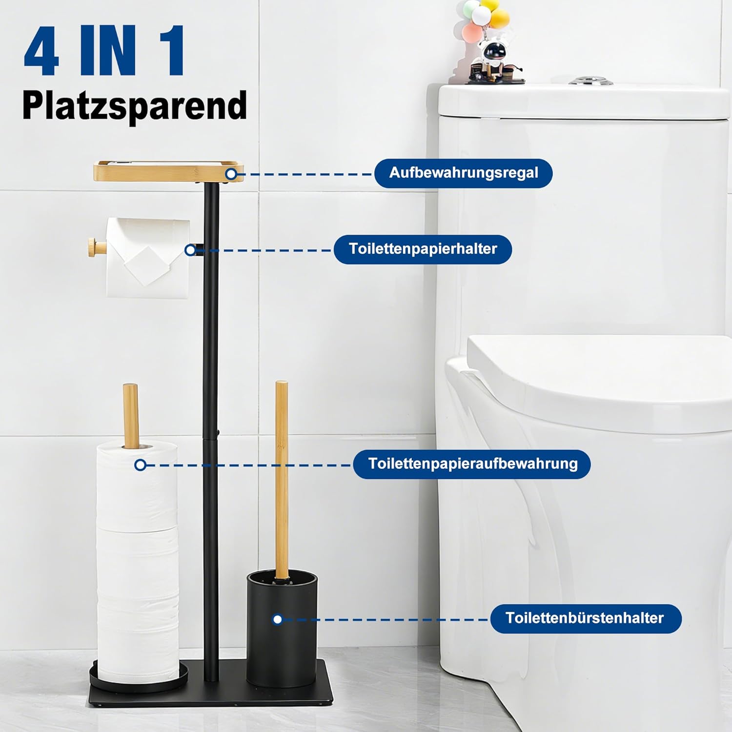 Thumbnail 1 de ASKLUND Porte-Papier Toilette sur pied avec Brosse et Rangements — sans perçage, bois noir