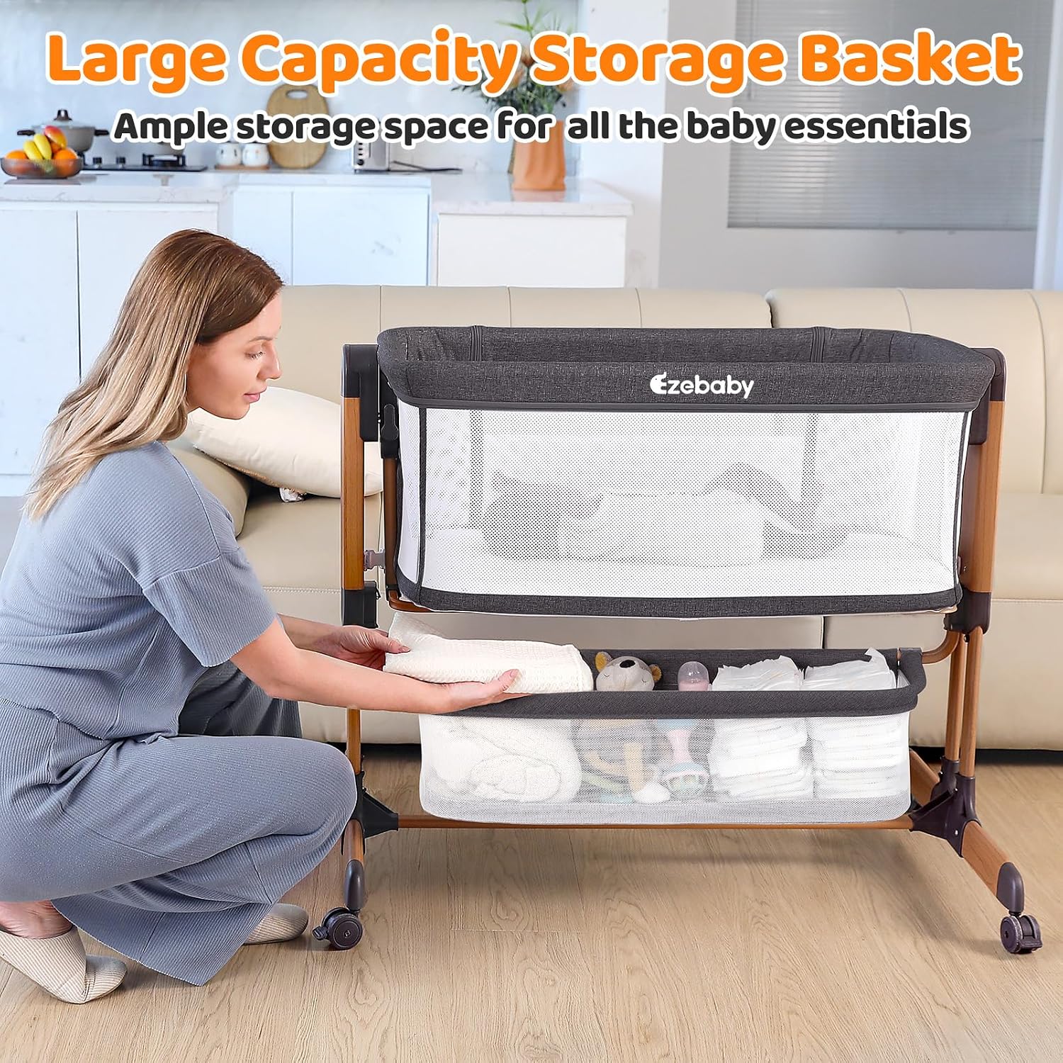 Detalle de Ezebaby OD-B6 3-in-1 Baby Bassinet with Rocking Mode, Mesh Sides and Wheels