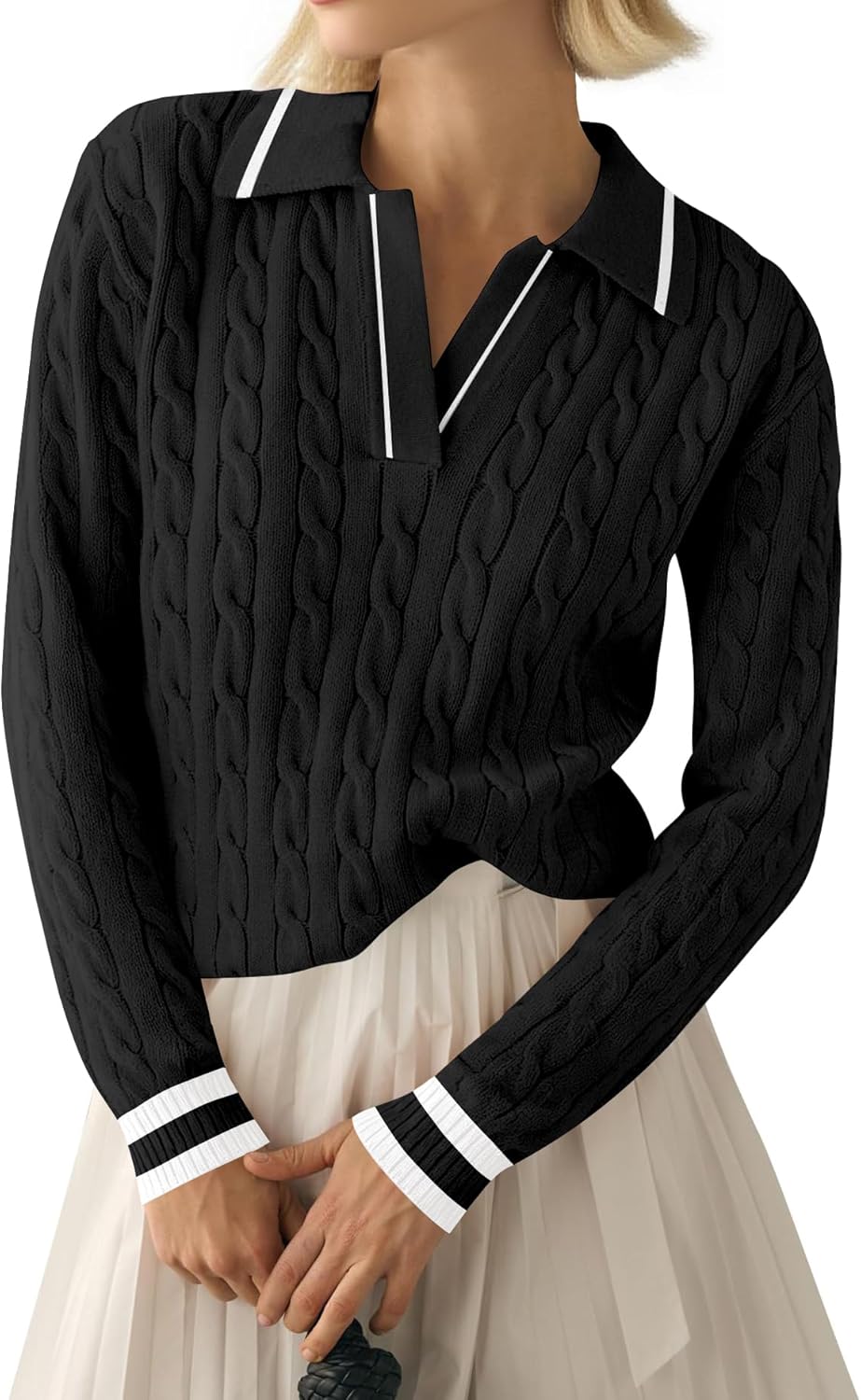 Detalle de LACOZY Women's Cable Knit Polo V-Neck Pullover