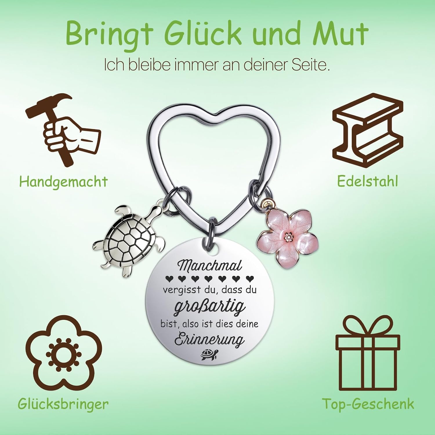 Detalle de Farbeele Mutmacher-Geschenke: Positive Schildkröte mit Glücksbringer Schlüsselanhänger