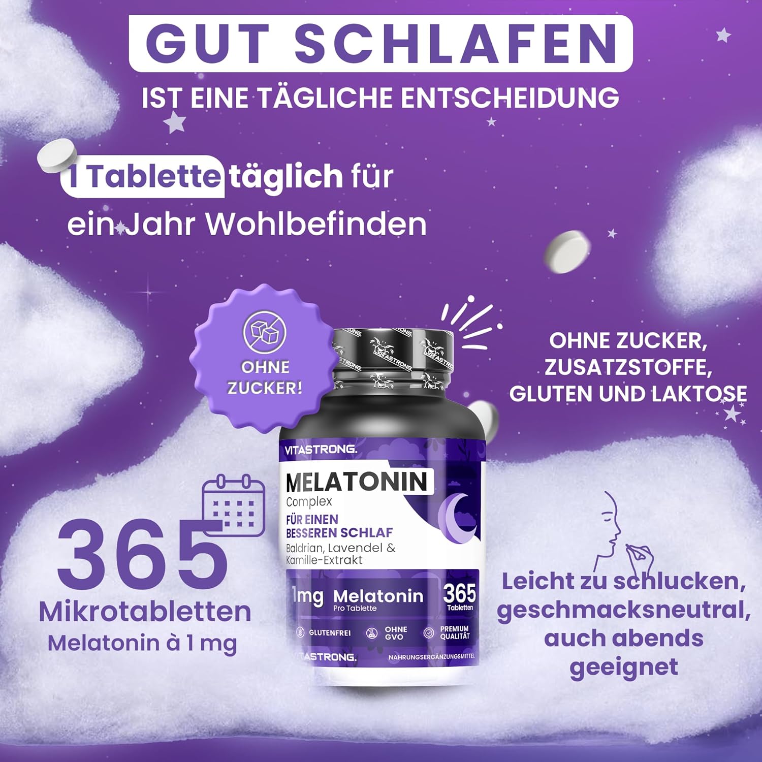 Detalle de Vitastrong Melatonin Komplex 365 Mikro-Tabletten – Hochdosiertes Schlafhilfe mit Kamille, Baldrian, Lavendel & Vitamin B6