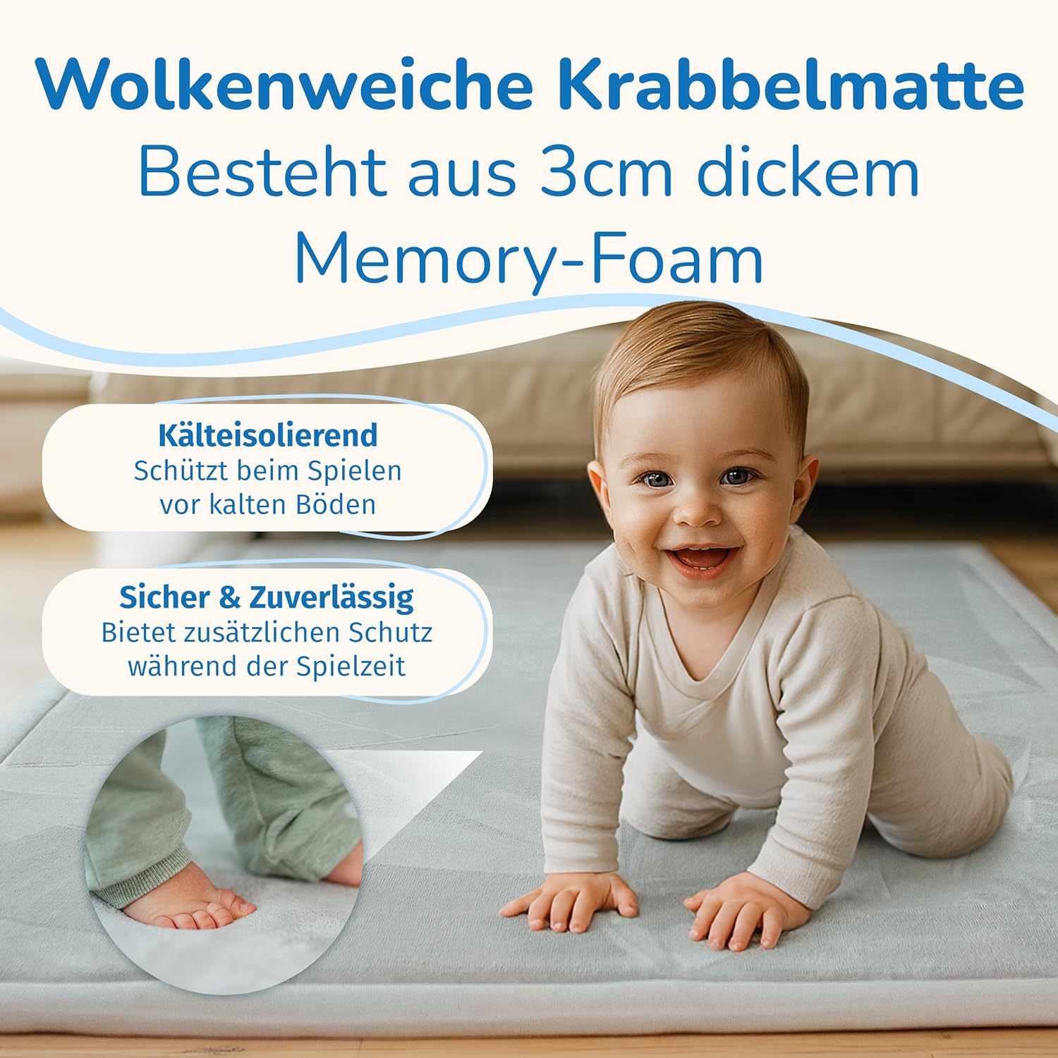 Detalle de BabybeFun Krabbelmatte Baby – rund, 3 cm Dicke, rutschfest & warm
