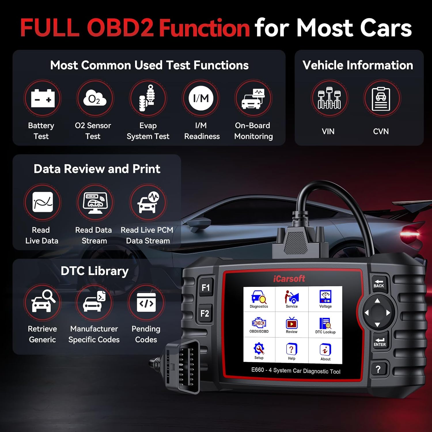 Detalle 2 de iCarsoft E660 OBD2 Scanner (E660) – engine, ABS, SRS diagnostics plus reset services