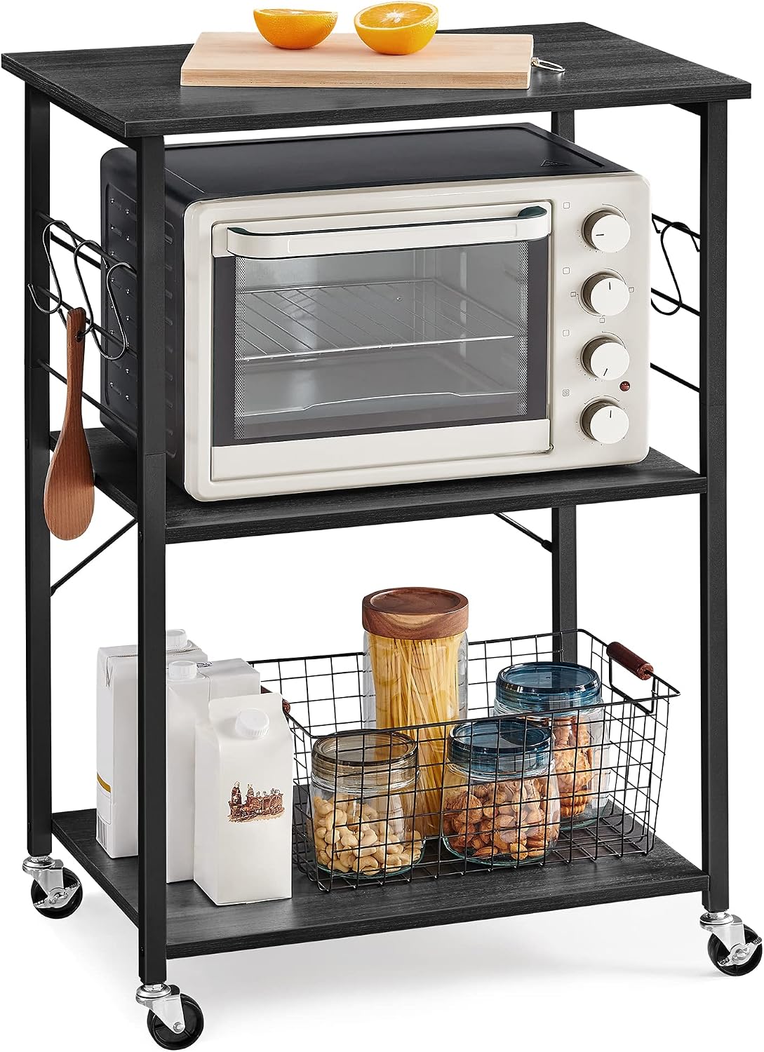 Detalle de VASAGLE BARNET KKS060B42 3-Tier Kitchen Trolley with Wheels and Six Hooks