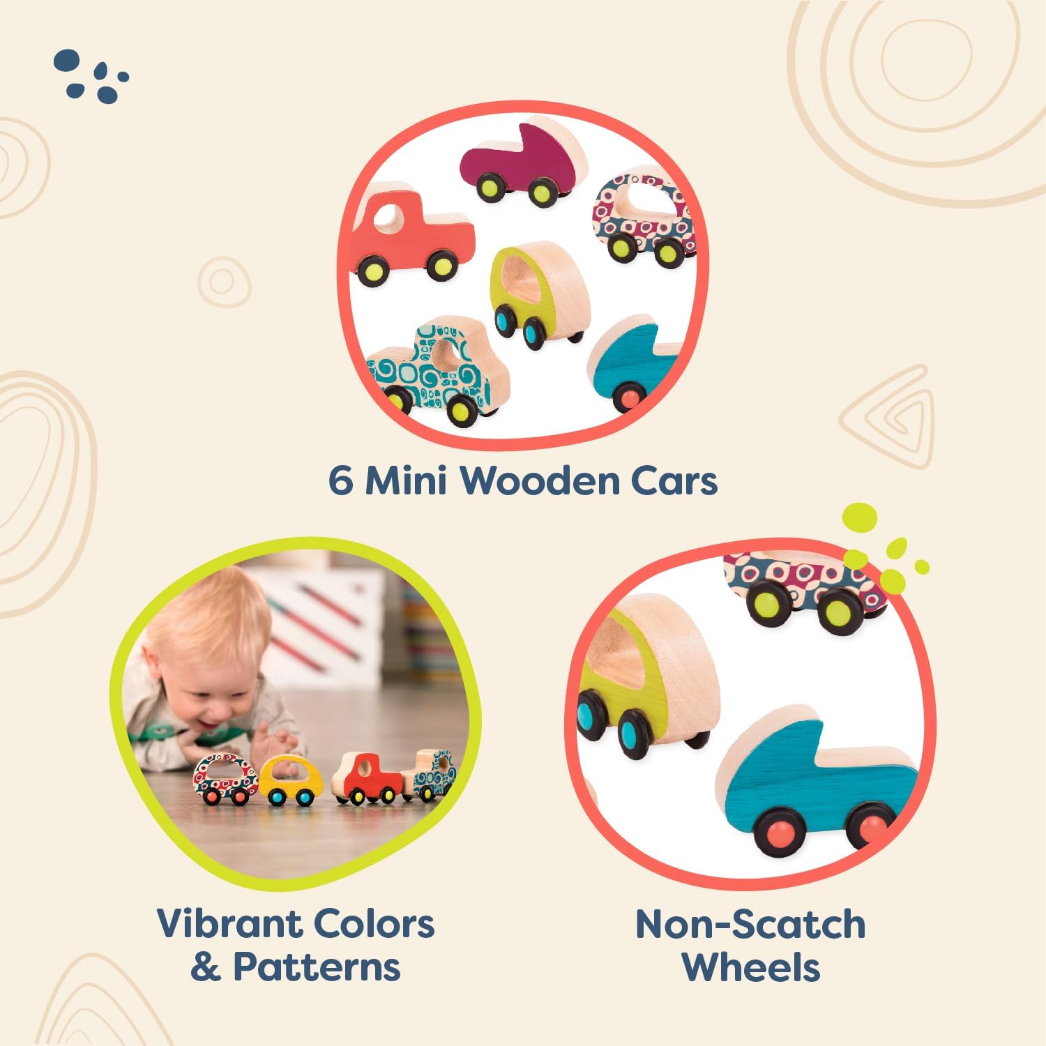 Detalle de Battat B. Toys Les Wheee-Lees gratuits : ensemble de 6 voitures en bois pour tout-petits (à partir de 12 mois)