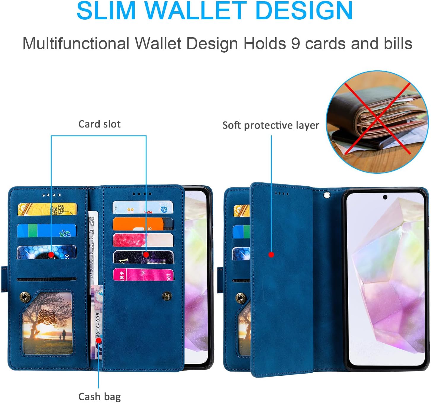 Detalle 2 de UEEBAI Wallet-Hülle für Samsung Galaxy A35 5G – Vintage PU-Leder mit Reißverschluss, 9 Kartenfächer, Standfunktion und Trageband
