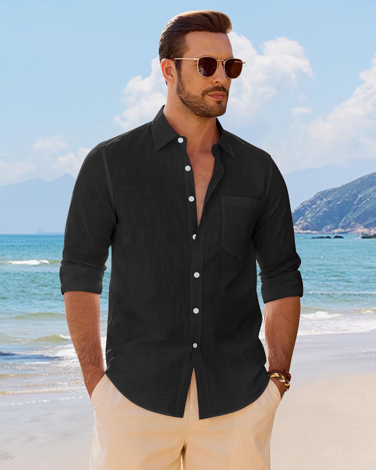 Detalle 2 de J.VER Leinenhemd Herren – Langarm Regular Fit Business & Beach (Baumwolle/Leinen)