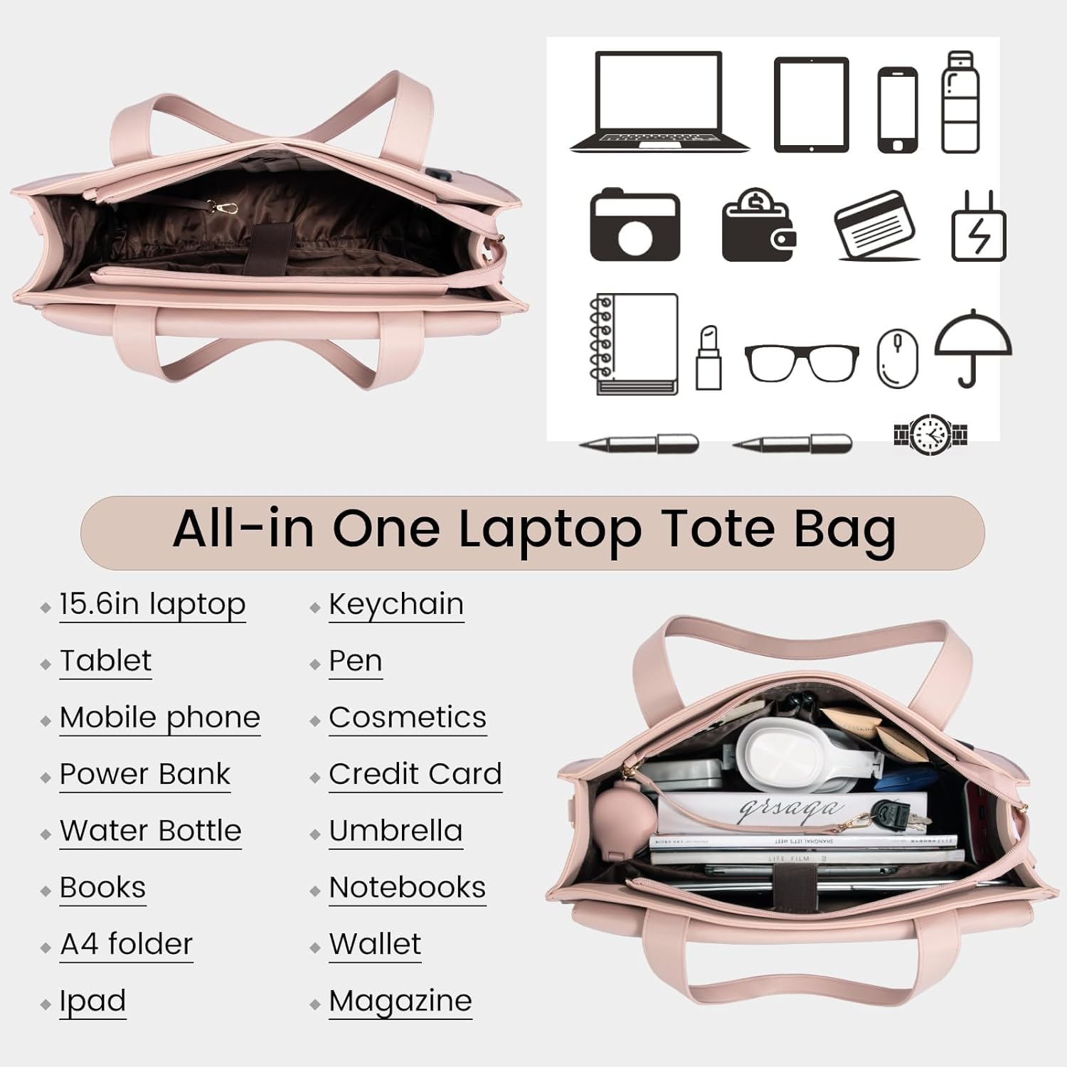 Detalle de LOVEVOOK 15.6 Inch Laptop Tote for Women – Pink PU Leather with Detachable Clutch