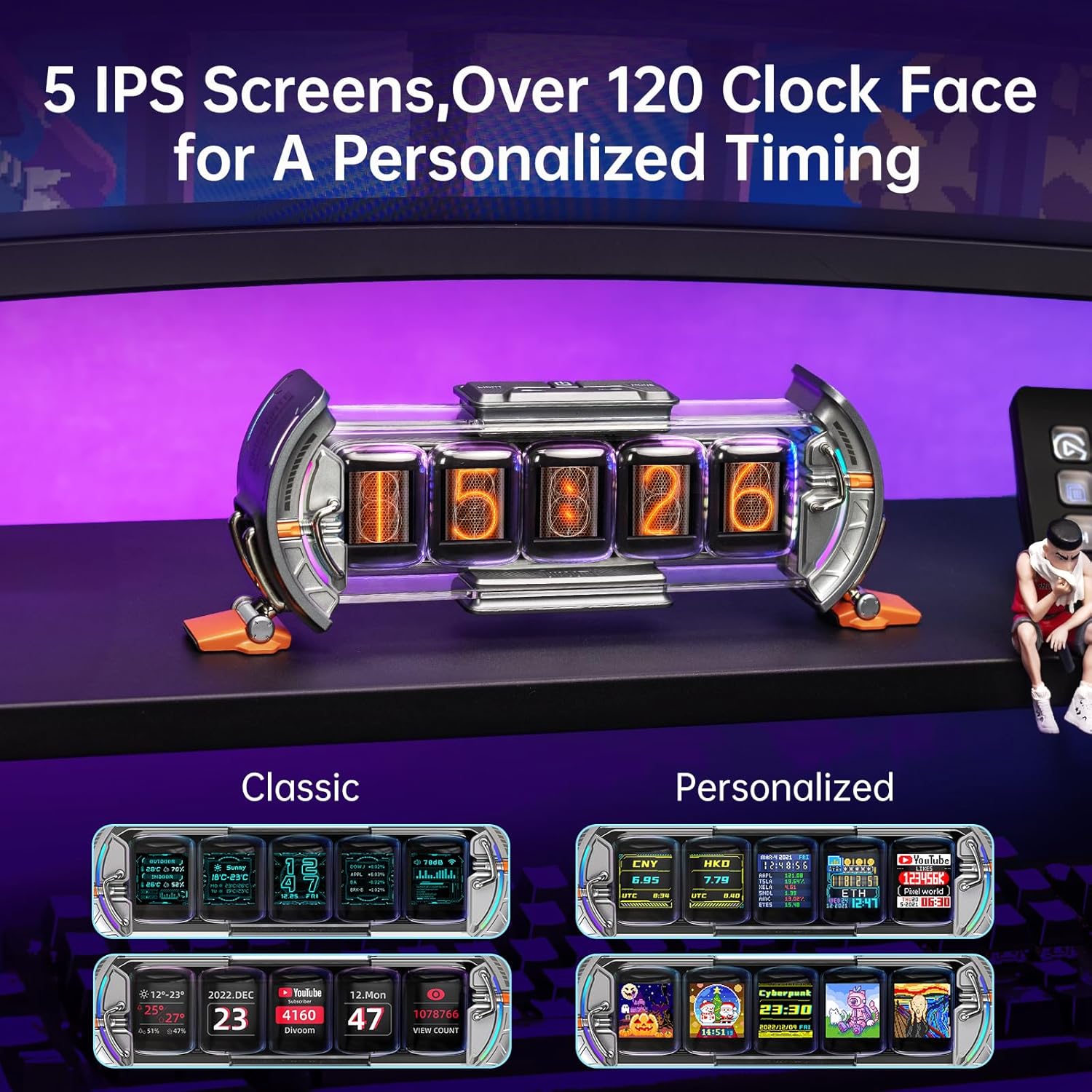 Thumbnail 1 de Divoom Times Gate WiFi – Écran Pixel Art 5×128×128, horloge LED connectée et décoratif pour bureau / gaming room