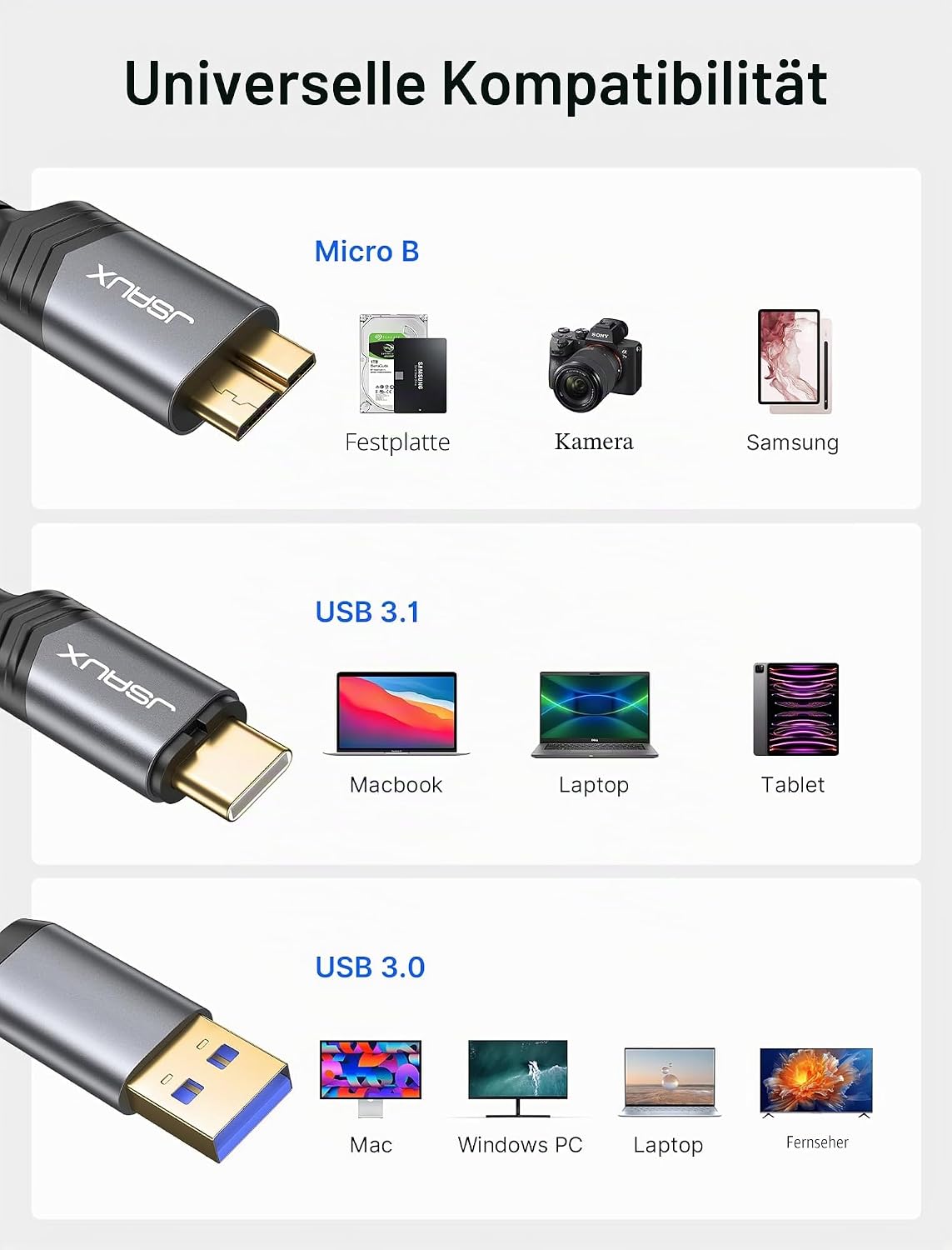 Detalle de JSAUX USB 3.0/C auf Micro B Kabel (0,5 m) mit USB-A Adapter – bis zu 20 Gbit/s