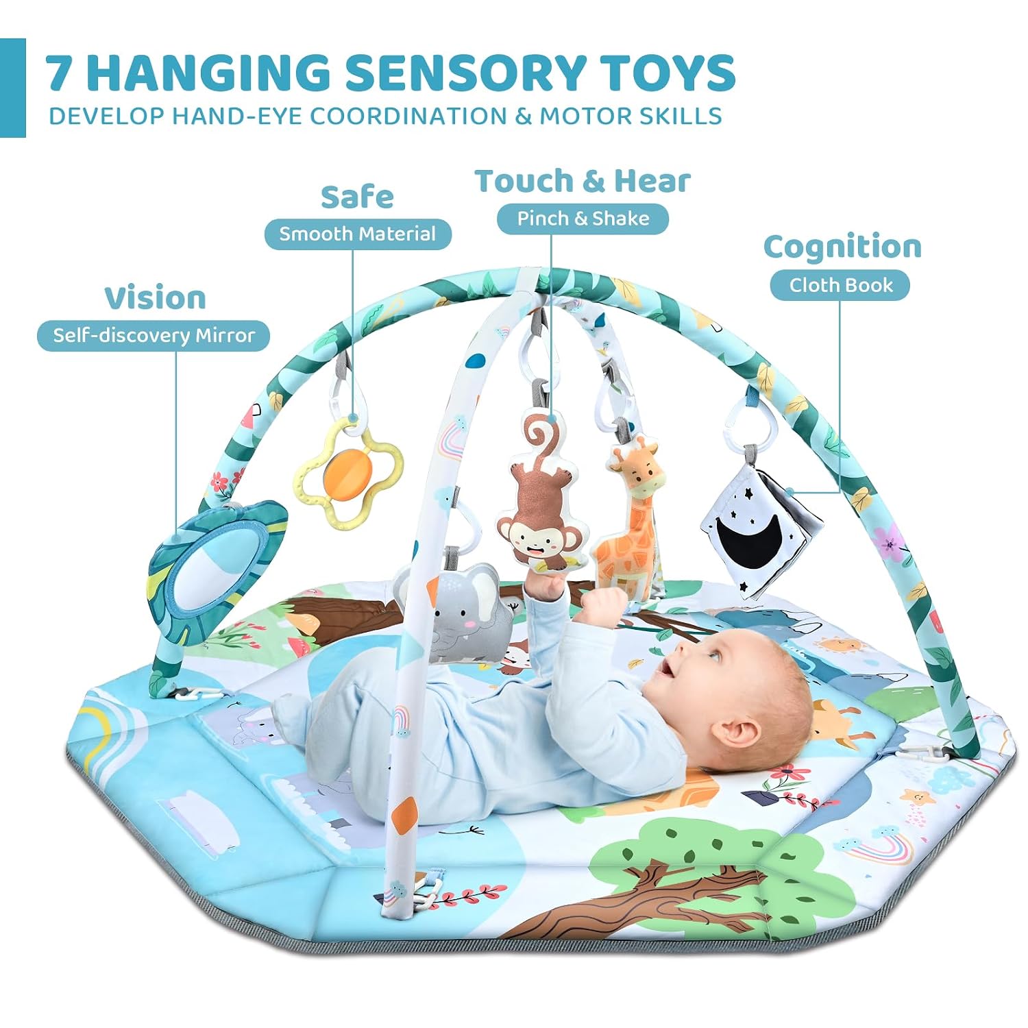 Detalle de Jyusmile 8-in-1 Baby Gym Play Mat, 43 x 39 in, Washable with 6 Toys