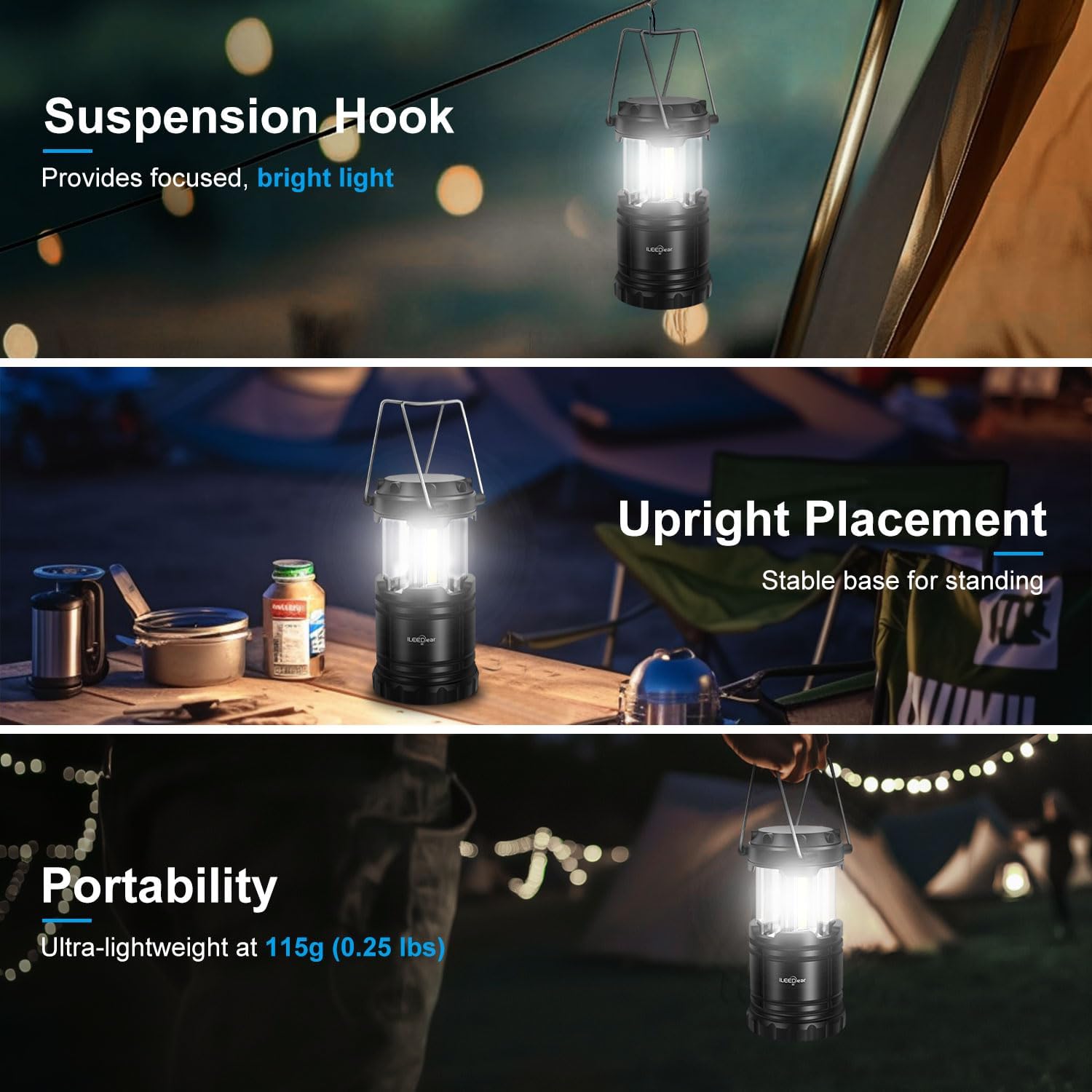Detalle de ILEEDear Camping Battery Operated Lantern (Pack of 2) – Foldable Ultra Bright LED Lamp for Hiking, Emergencies and Power Failures