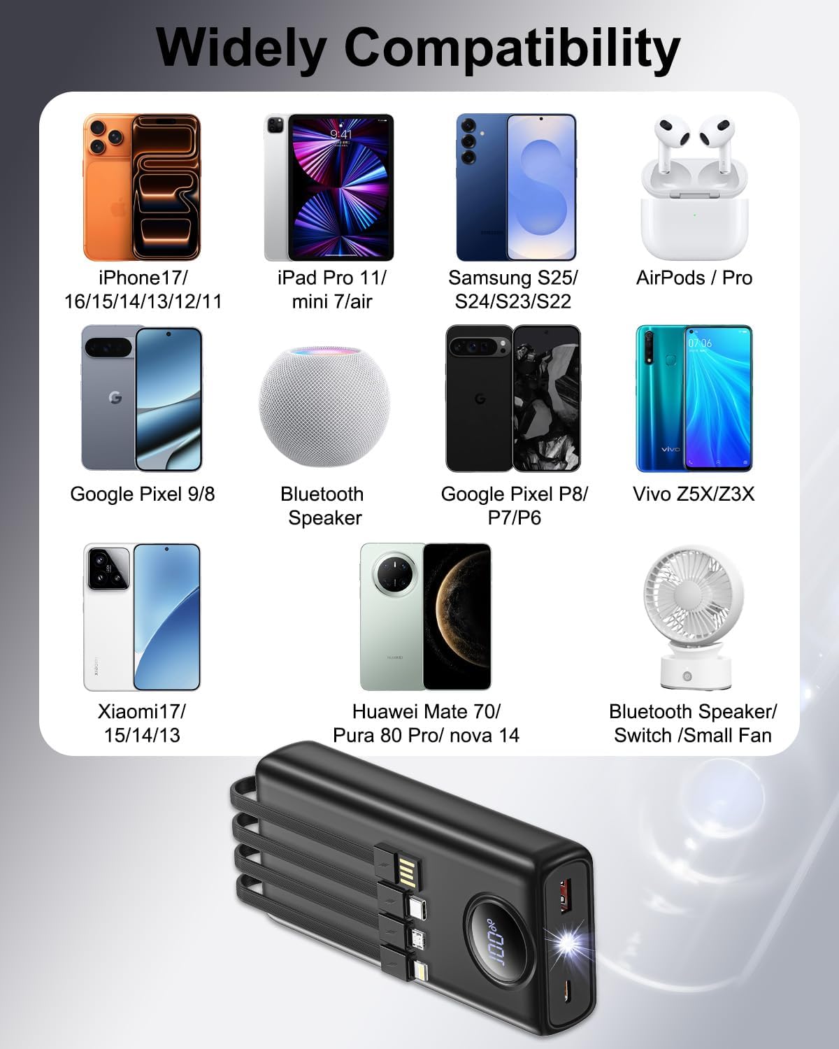 Thumbnail 6 de Batterie Externe 20000mAh avec câbles intégrés et charge rapide 22,5W, power bank 22,5W avec écran LED
