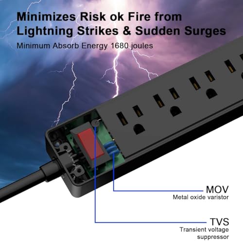 Detalle de Yintar 6Ft Surge Protector Power Strip with 6 Outlets & 3 USB Ports (Black)
