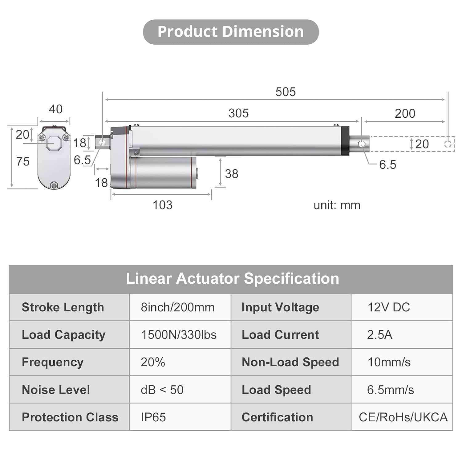 Detalle 2 de Justech linear actuator, 200 mm stroke