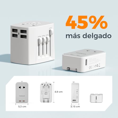 Detalle 2 de TESSAN Adaptador Enchufe Universal Plano con 2 USB A y 2 USB C (Gris)