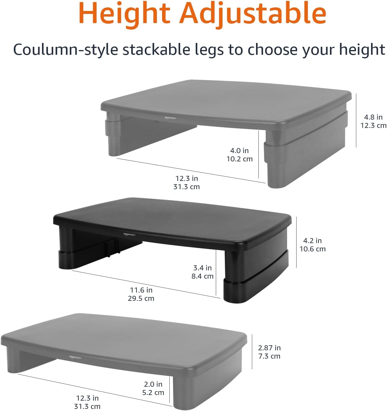 Thumbnail 4 de Amazon Basics Rectangular Adjustable Monitor Riser Desk Stand (Black) – Fits laptops/monitors up to 22lbs