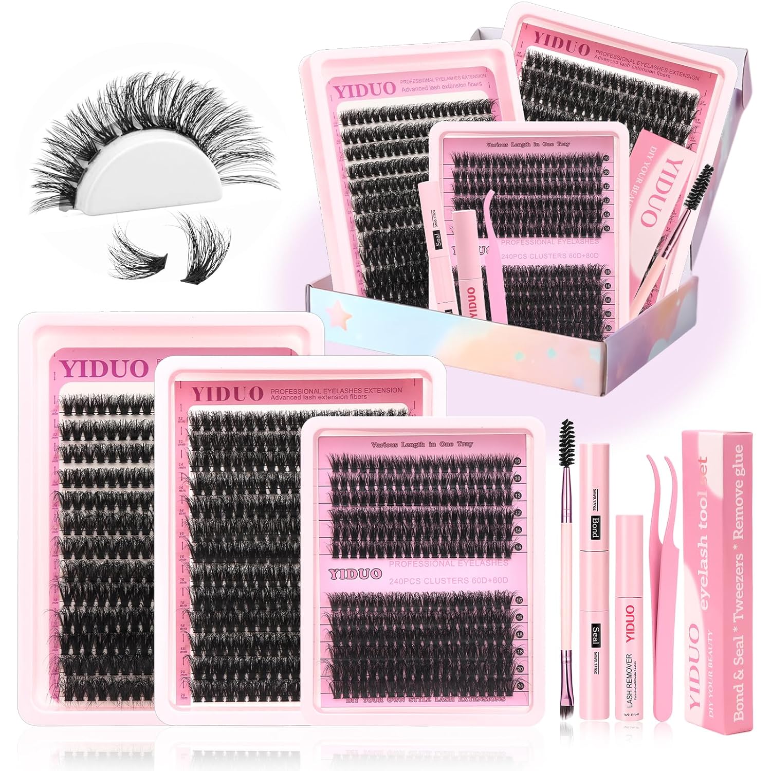 Detalle de YIDUO Lash Clusters Kit with 2X Bond&Seal (760 pcs, 3 Styles: 60D+80D+100D) for DIY Natural Lash Extensions